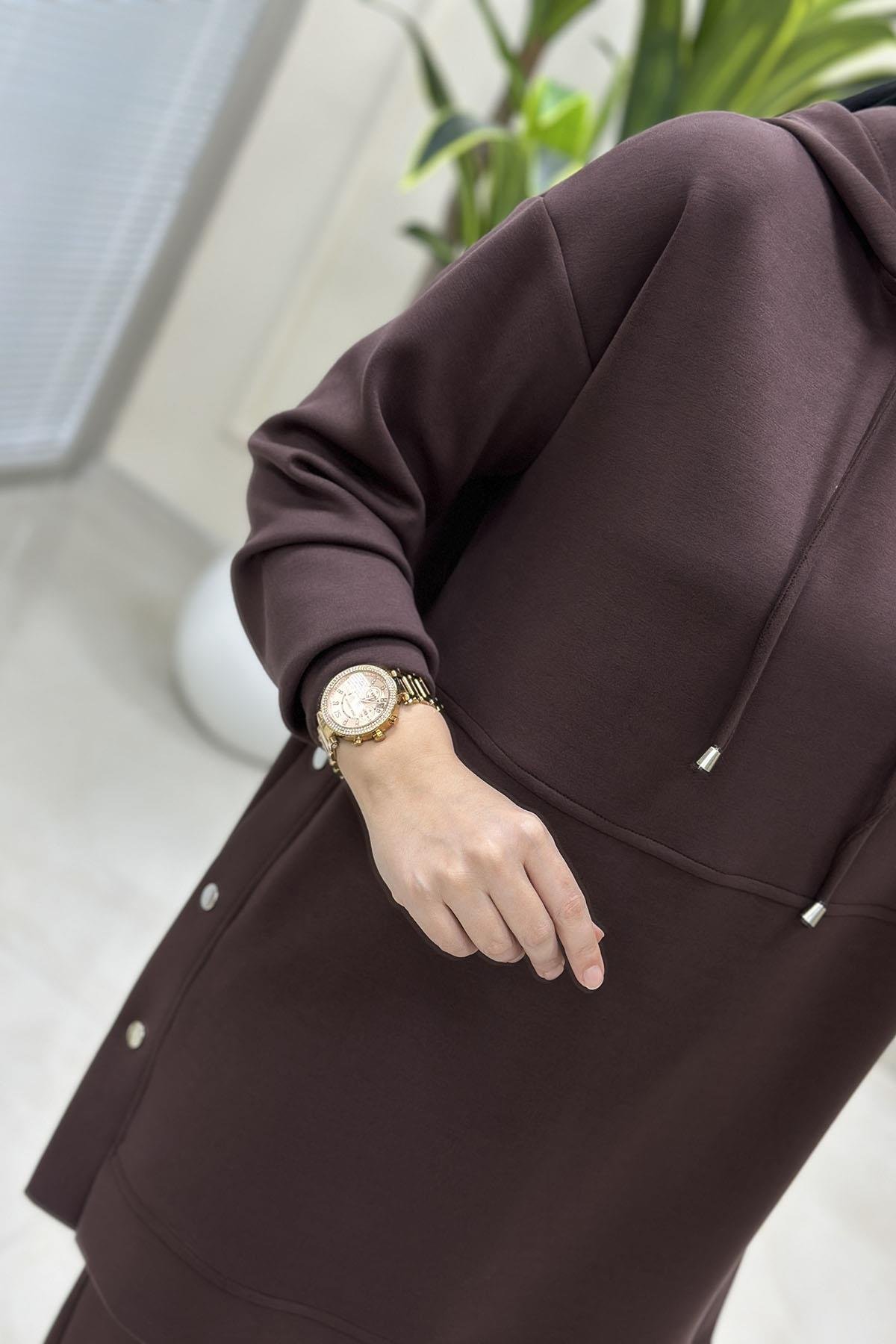 Tesettür Pantolonlu TakımYanları Zımba Detaylı Düşük Omuz Tunik ve Pantolon Kadın Oysho İkili Takım Kahverengi ALS 5201