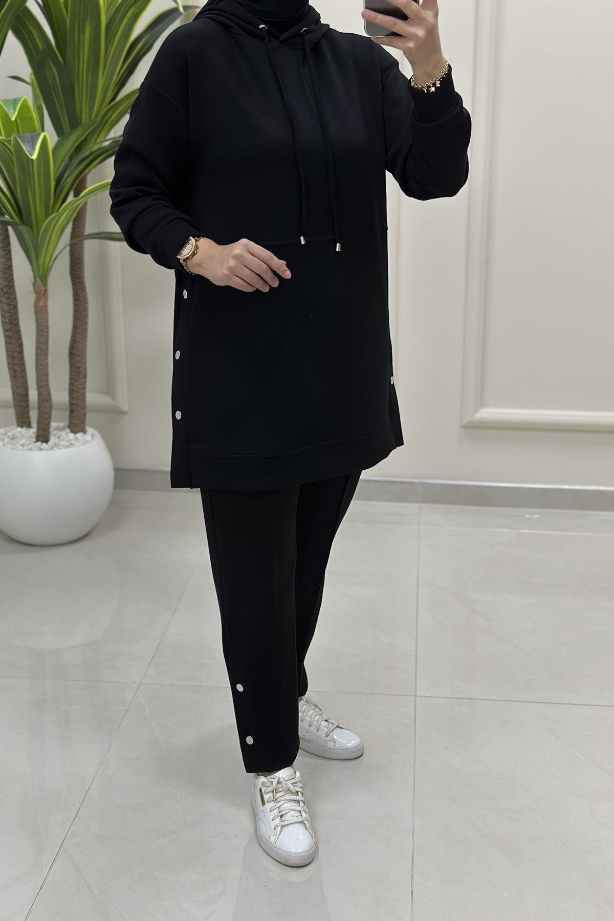 Tesettür Pantolonlu TakımYanları Zımba Detaylı Düşük Omuz Tunik ve Pantolon Kadın Oysho İkili Takım Siyah ALS 5201