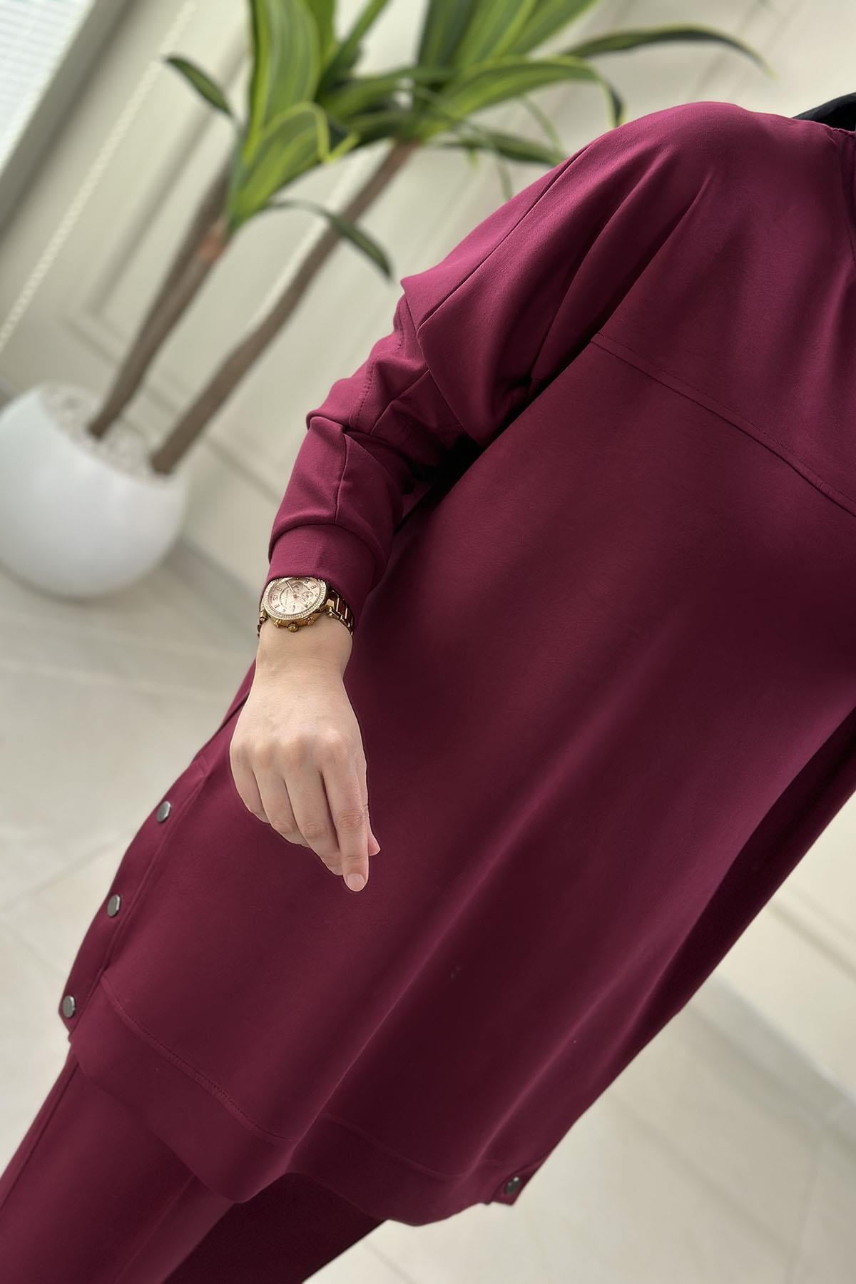 Tesettür Pantolonlu TakımYarasa Kol Yanları Çıtçıtlı Tunik ve Pantolon Kadın İkili Takım Bordo KADO 257090