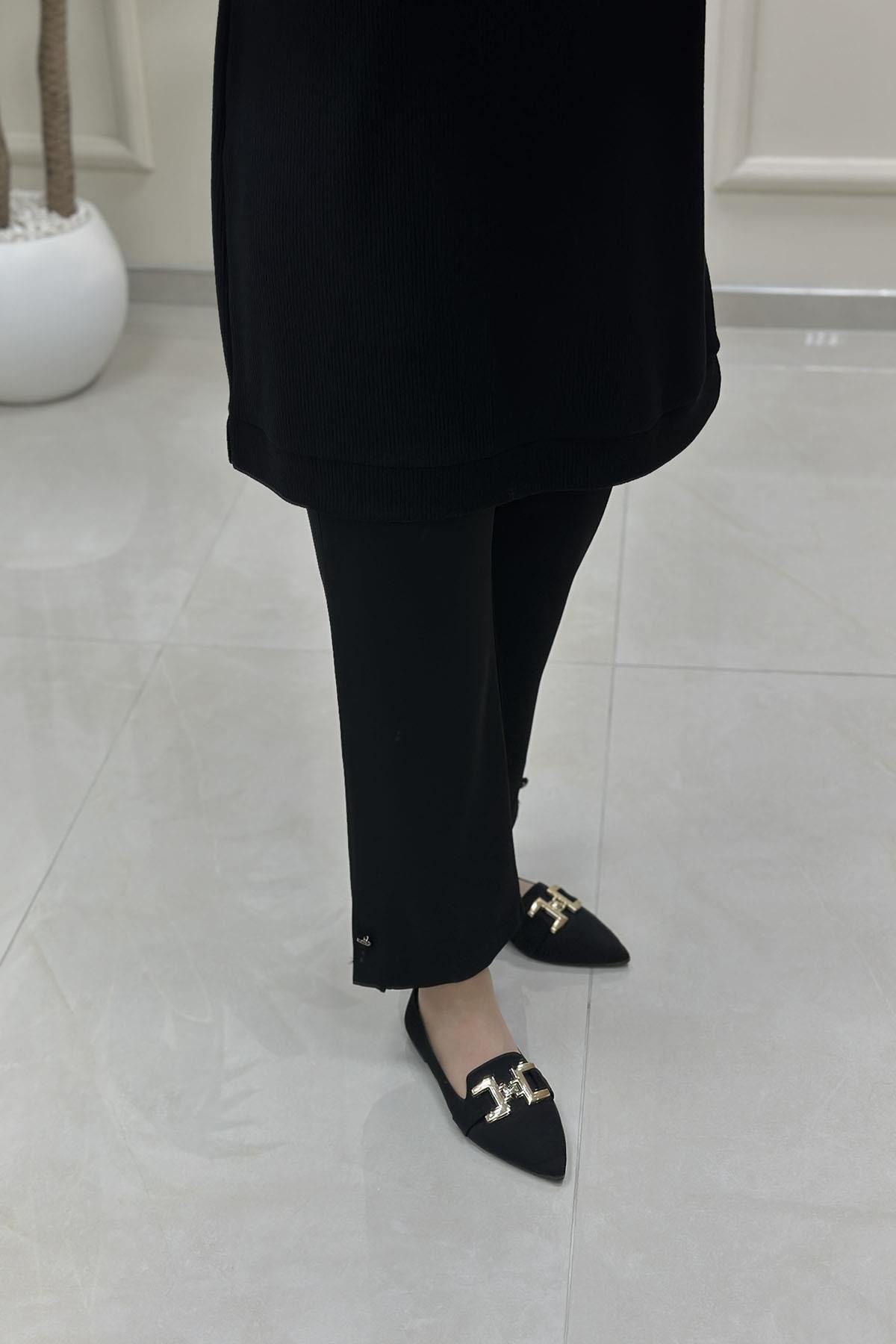 Tesettür PantolonPaça Düğme Detaylı Kadın Havuç Pantolon Siyah MLH 8127