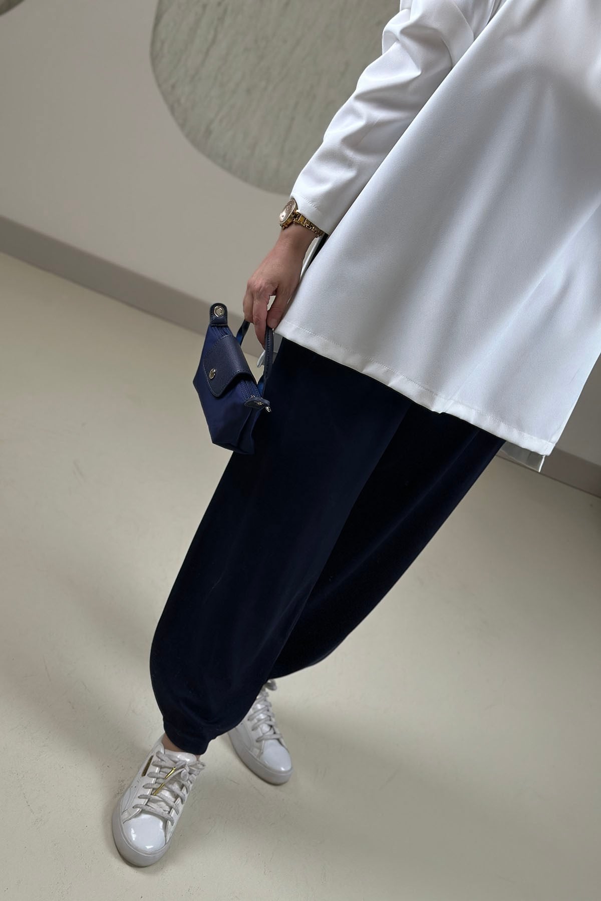 Tesettür PantolonŞalvar Kesim Beli Lastikli Oysho Kadın Pantolon Lacivert GNR 267