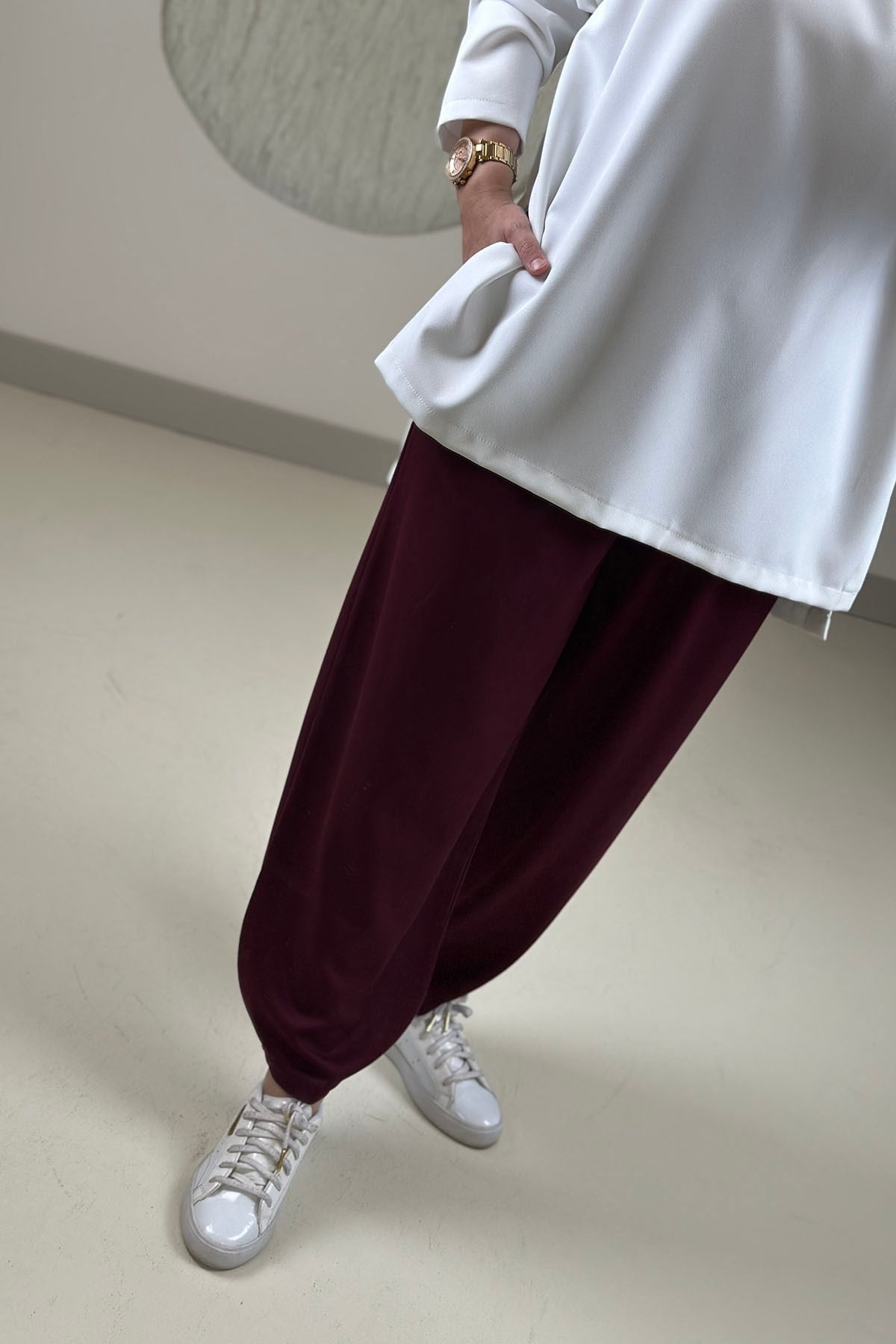 Tesettür PantolonŞalvar Kesim Beli Lastikli Oysho Kadın Pantolon Bordo GNR 267