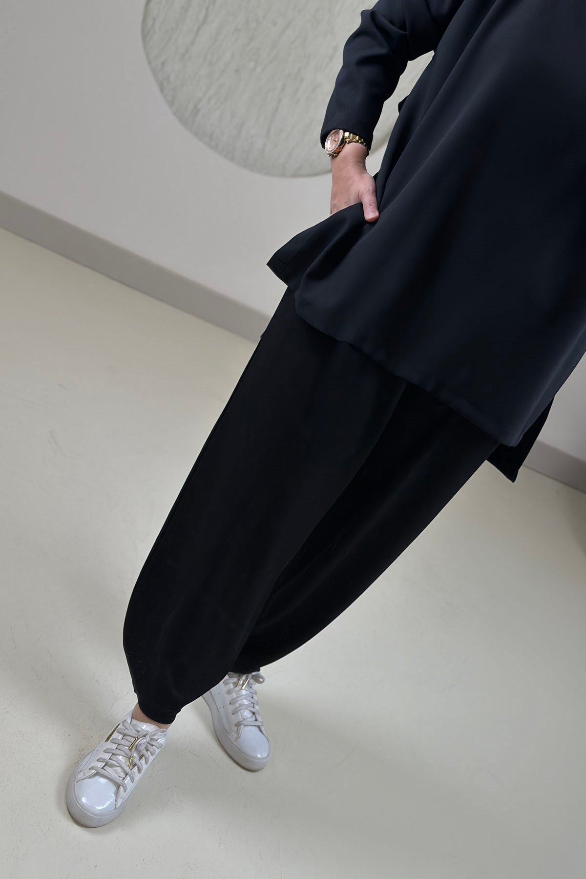 Tesettür PantolonŞalvar Kesim Beli Lastikli Oysho Kadın Pantolon Siyah GNR 267