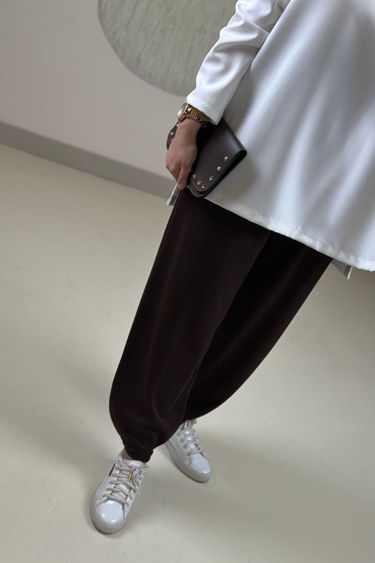 Tesettür PantolonŞalvar Kesim Beli Lastikli Oysho Kadın Pantolon Kahverengi GNR 267