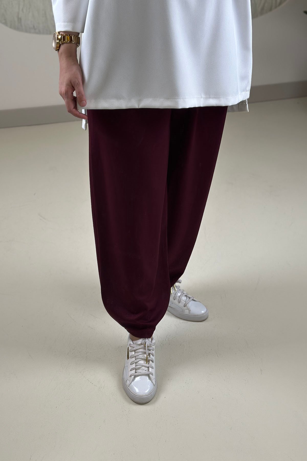 Tesettür PantolonŞalvar Kesim Beli Lastikli Oysho Kadın Pantolon Bordo GNR 267