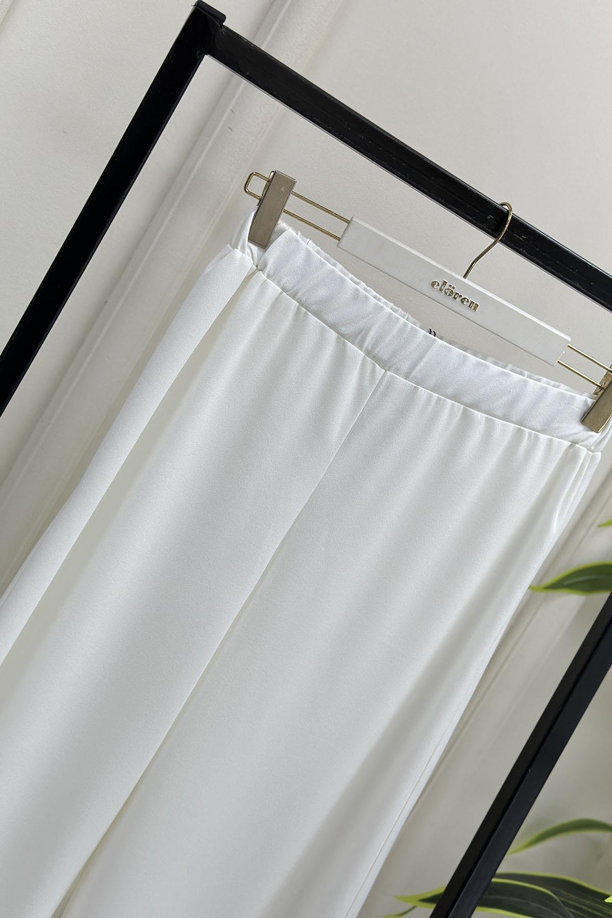 Tesettür PantolonScuba Krep Beli Lastikli Bol Paça Kadın Pantolon Beyaz MLH 6000