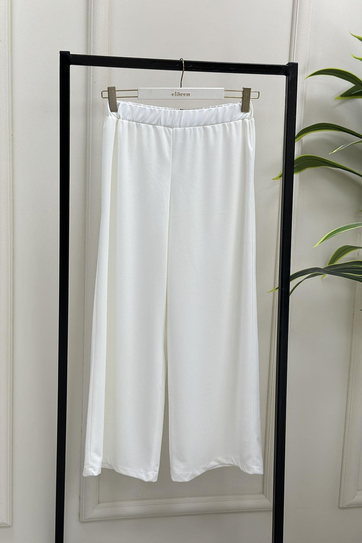 Tesettür PantolonScuba Krep Beli Lastikli Bol Paça Kadın Pantolon Beyaz MLH 6000
