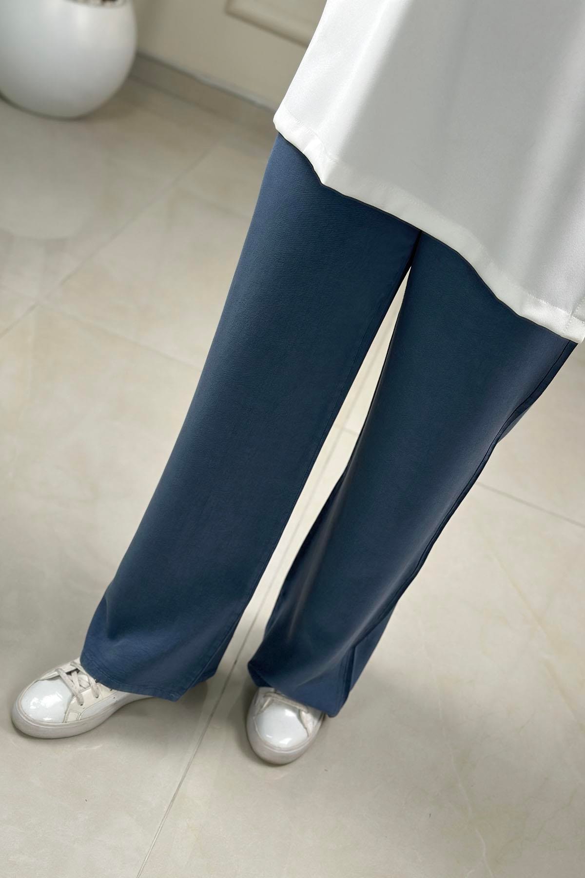 Tesettür PantolonTensel Beli Lastikli Cepli Bol Paça Kadın Pantolon Mavi GNR 238