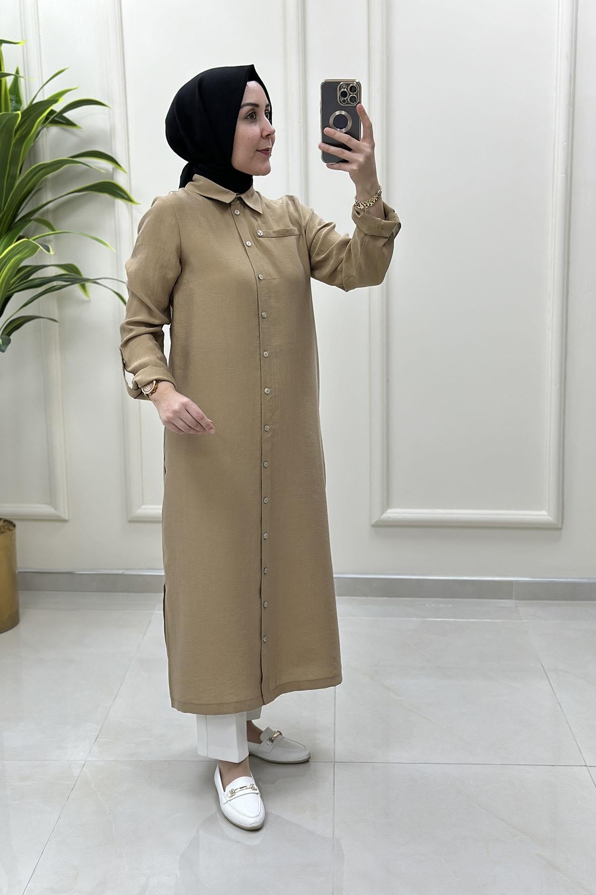 Tesettür Tunik GömlekArmine Trend Katlama Kol Önü Düğmeli Uzun Kadın Tunik Camel ARM 4142