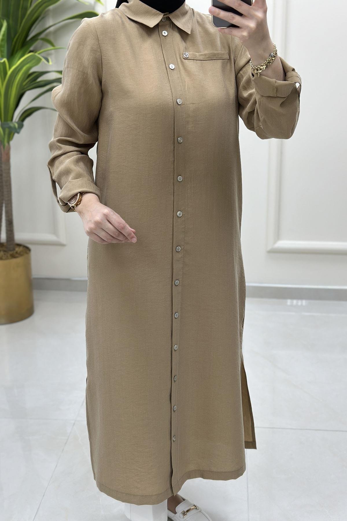 Tesettür Tunik GömlekArmine Trend Katlama Kol Önü Düğmeli Uzun Kadın Tunik Camel ARM 4142
