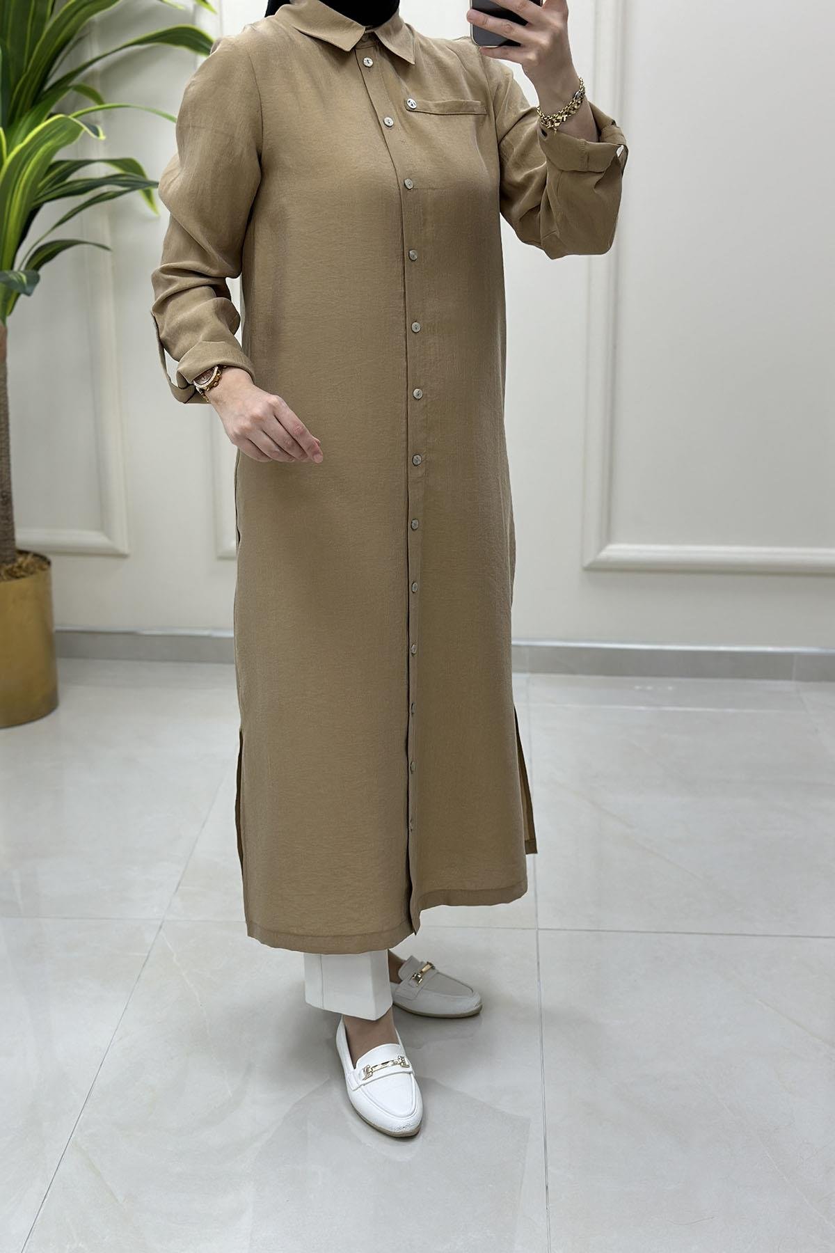 Tesettür Tunik GömlekArmine Trend Katlama Kol Önü Düğmeli Uzun Kadın Tunik Camel ARM 4142