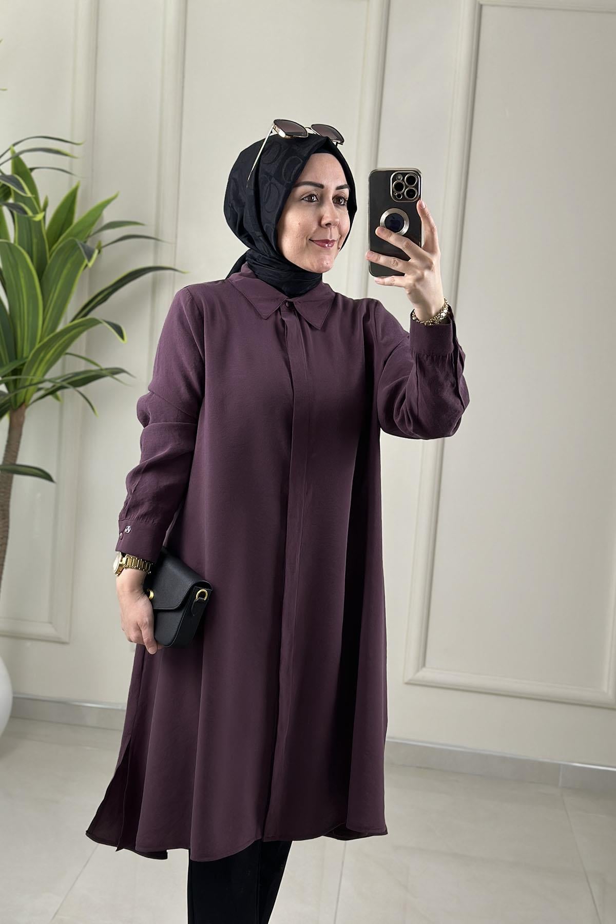 Tesettür Tunik GömlekArmine Trend Tensel Qupra Önü Gizli Düğmeli  Kadın Tunik Mürdüm ARM 453