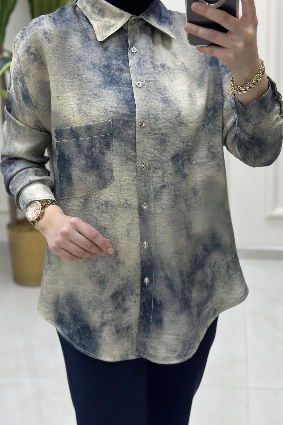 Tesettür Tunik GömlekBatik Desen Önü Düğmeli Cepli Kadın Gömlek Bej KADO 8569