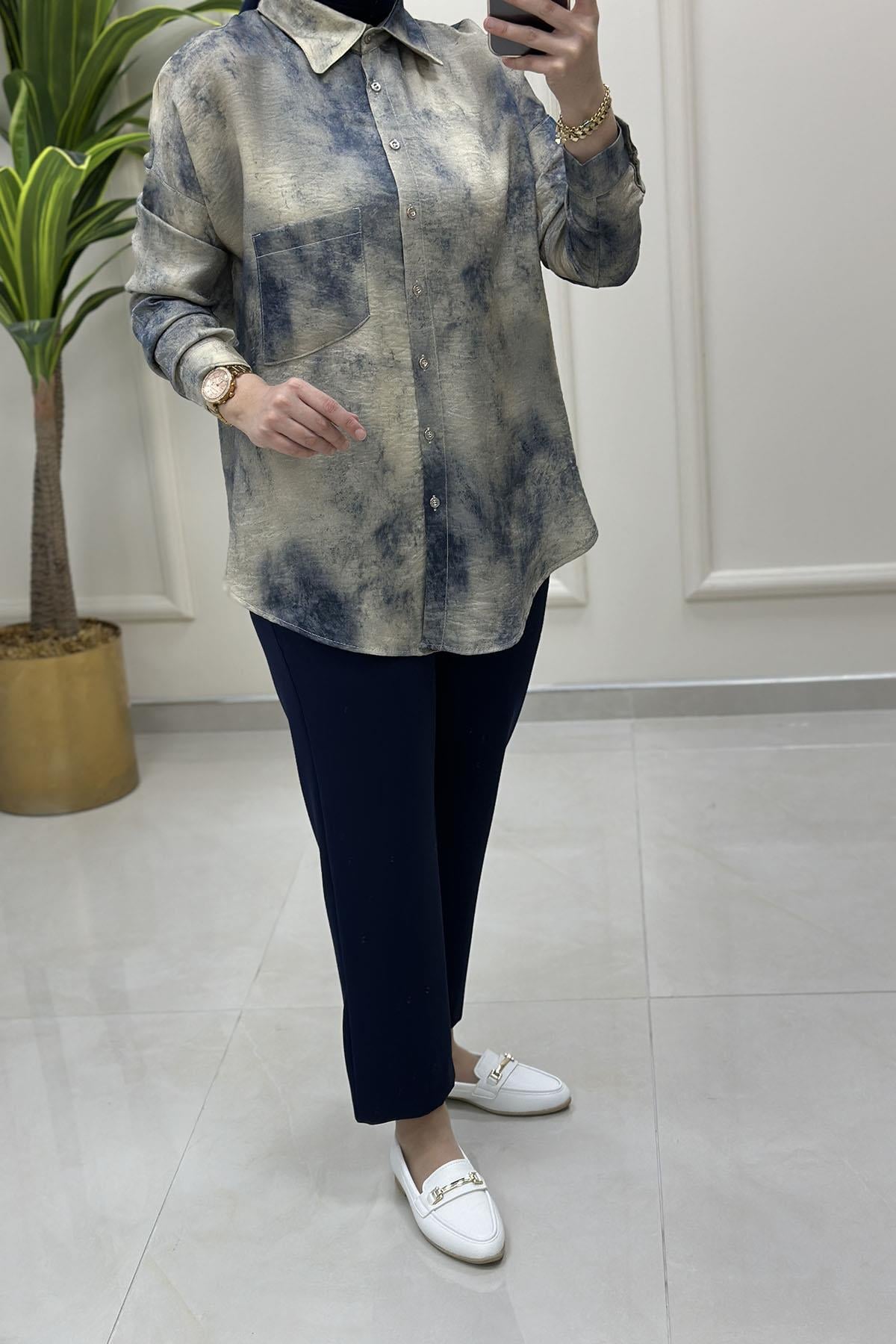 Tesettür Tunik GömlekBatik Desen Önü Düğmeli Cepli Kadın Gömlek Bej KADO 8569