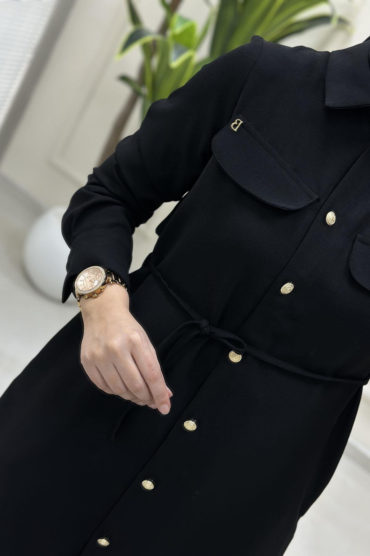 Tesettür Tunik GömlekBelli Önü Düğmeli Arkası Allerli Beli Kuşaklı Kadın Tunik Siyah BELLİ 4001