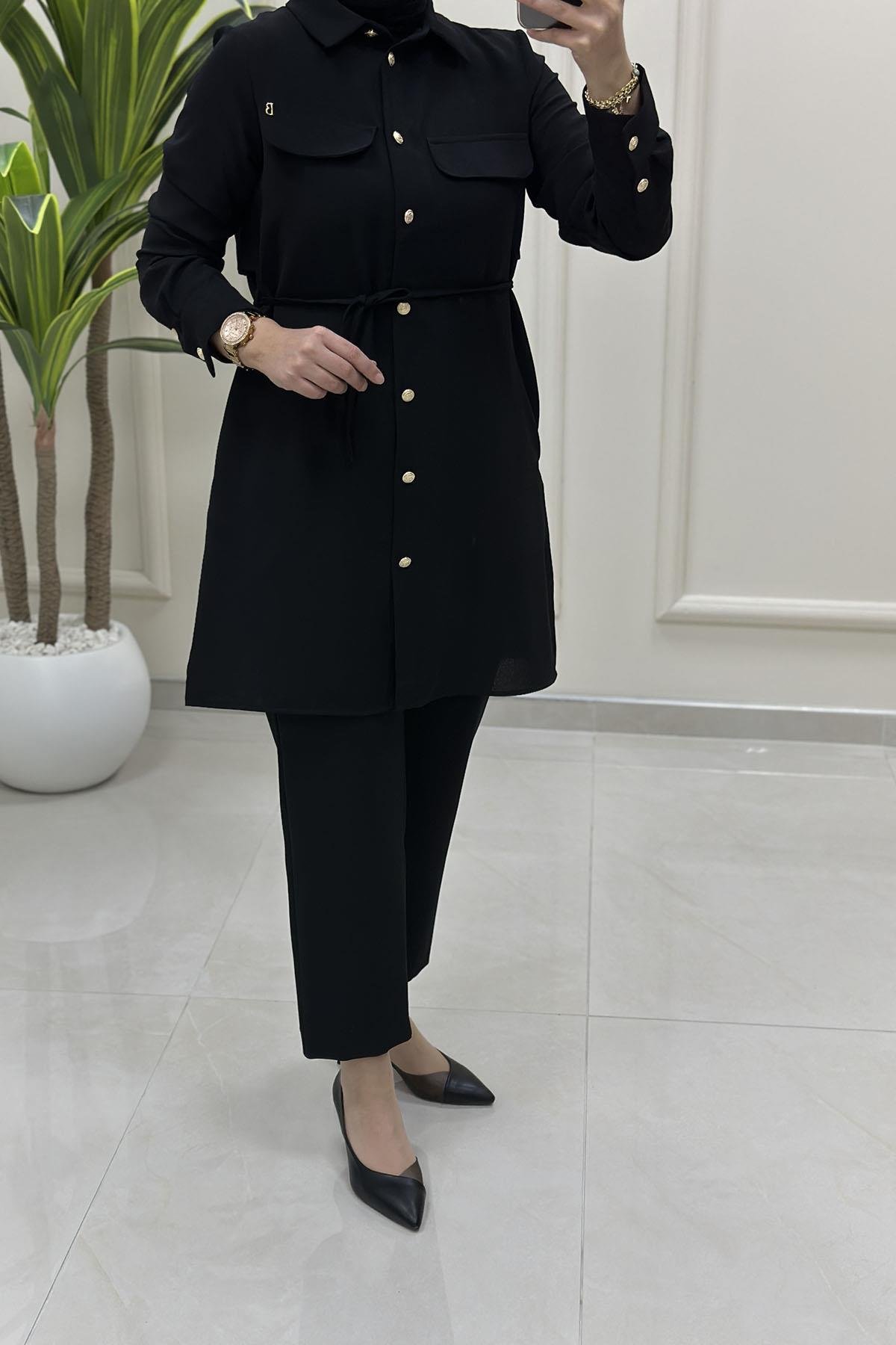 Tesettür Tunik GömlekBelli Önü Düğmeli Arkası Allerli Beli Kuşaklı Kadın Tunik Siyah BELLİ 4001