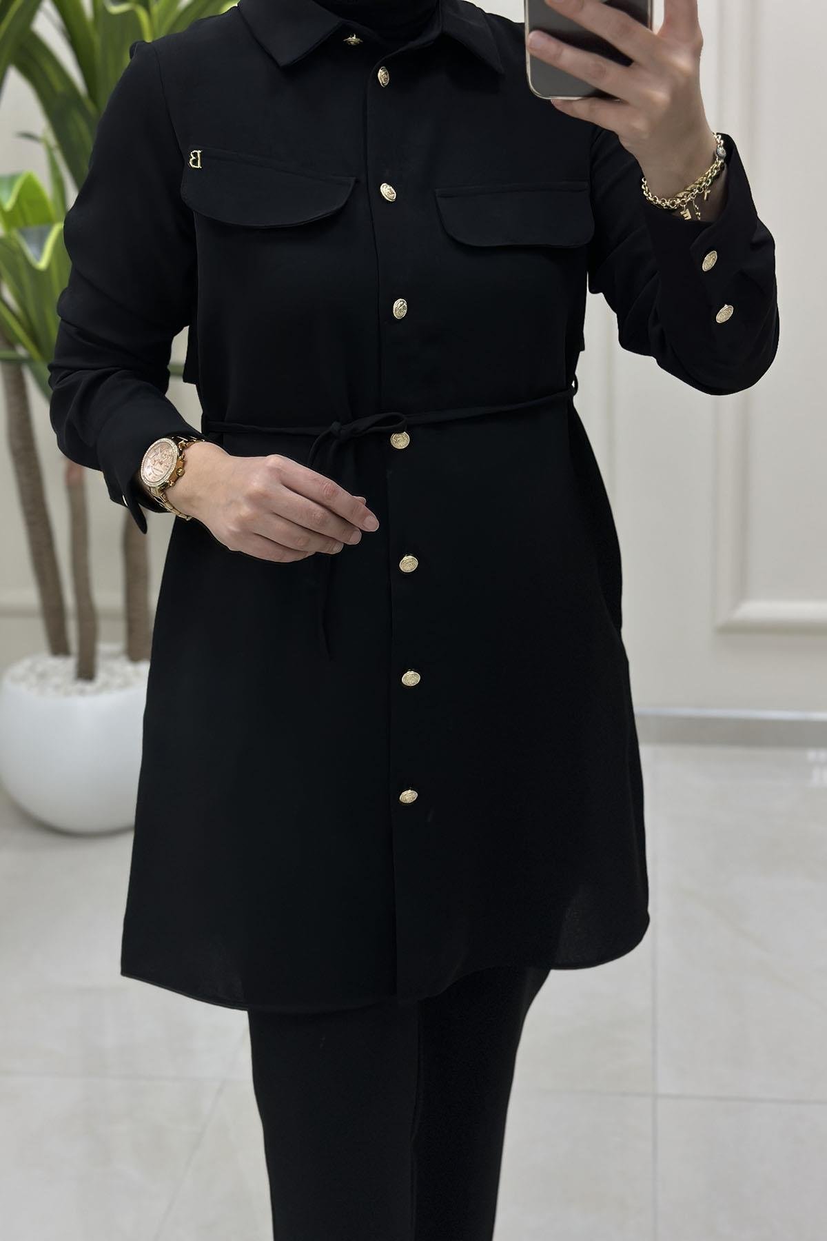 Tesettür Tunik GömlekBelli Önü Düğmeli Arkası Allerli Beli Kuşaklı Kadın Tunik Siyah BELLİ 4001