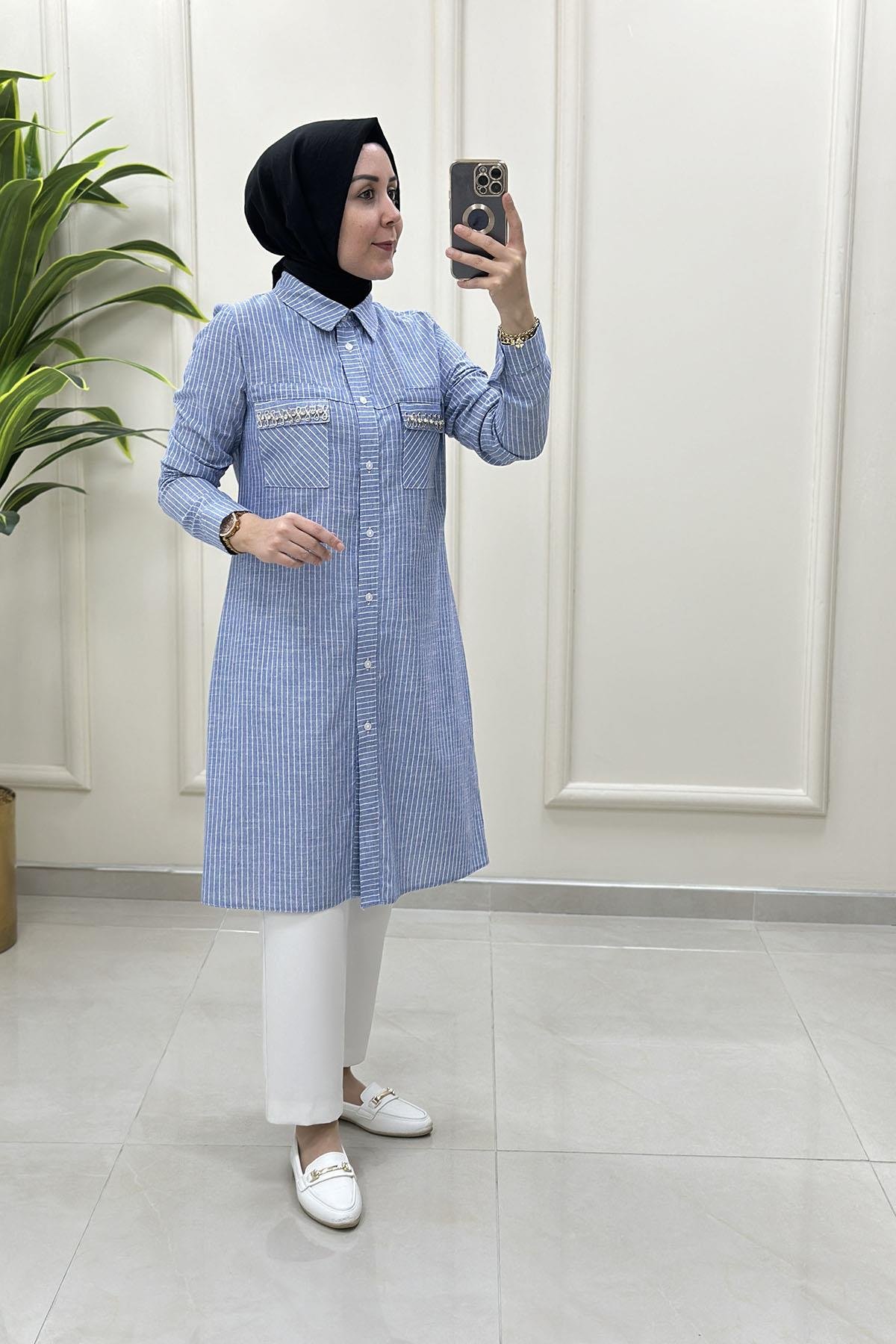 Tesettür Tunik GömlekÇizgi Desen Cep Taş Detaylı Kadın Gömlek Tunik Mavi QTN 2816