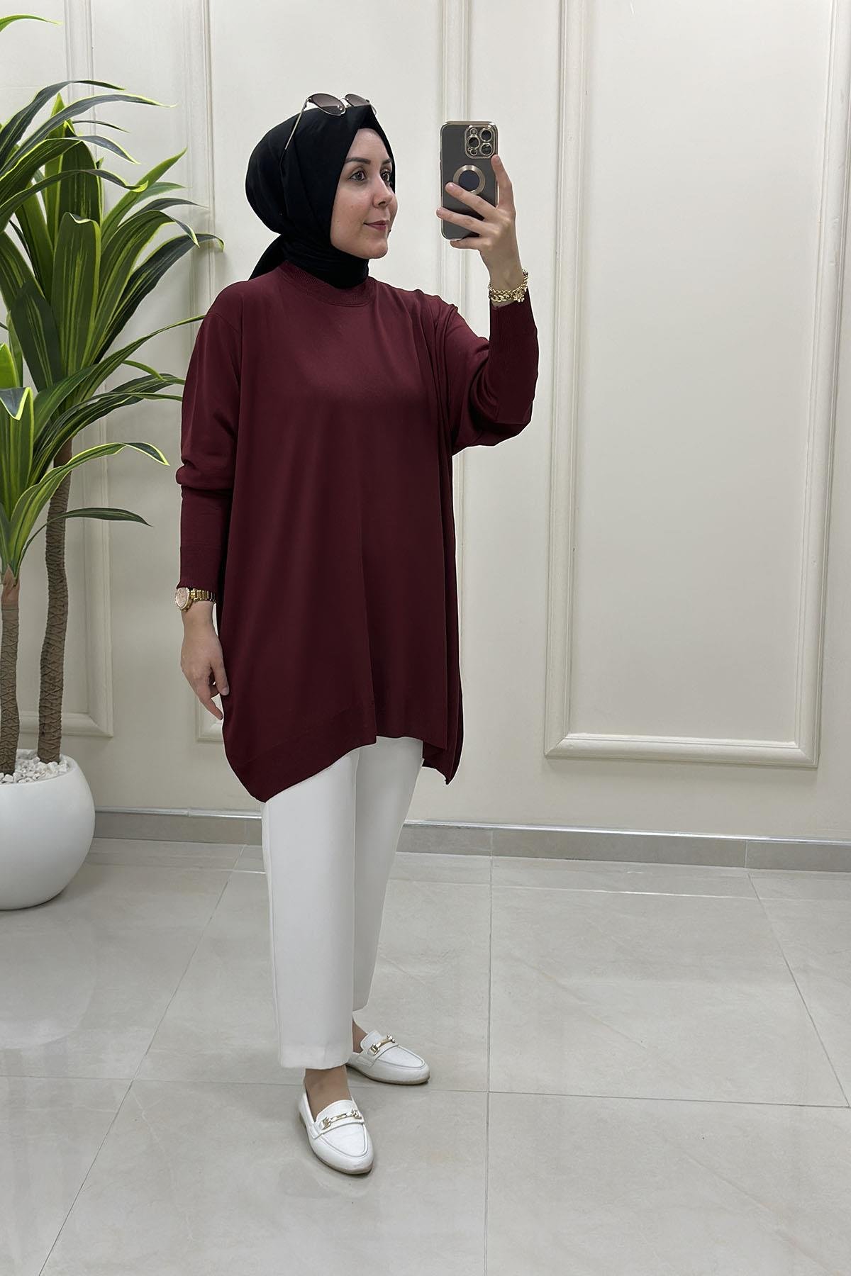 Tesettür Tunik GömlekDüşük Omuz Kadın Triko Tunik Bordo KADO 2725511