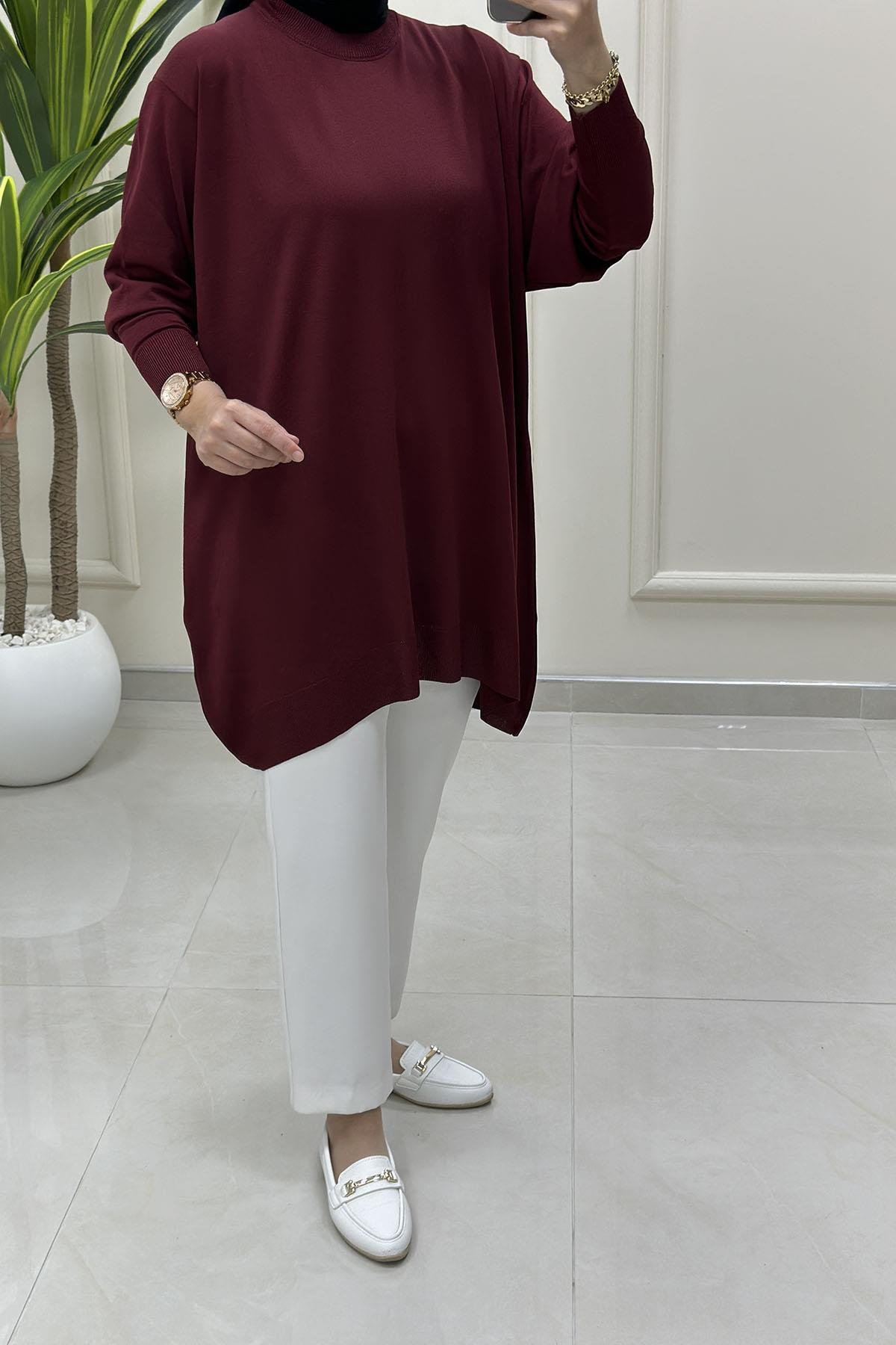 Tesettür Tunik GömlekDüşük Omuz Kadın Triko Tunik Bordo KADO 2725511