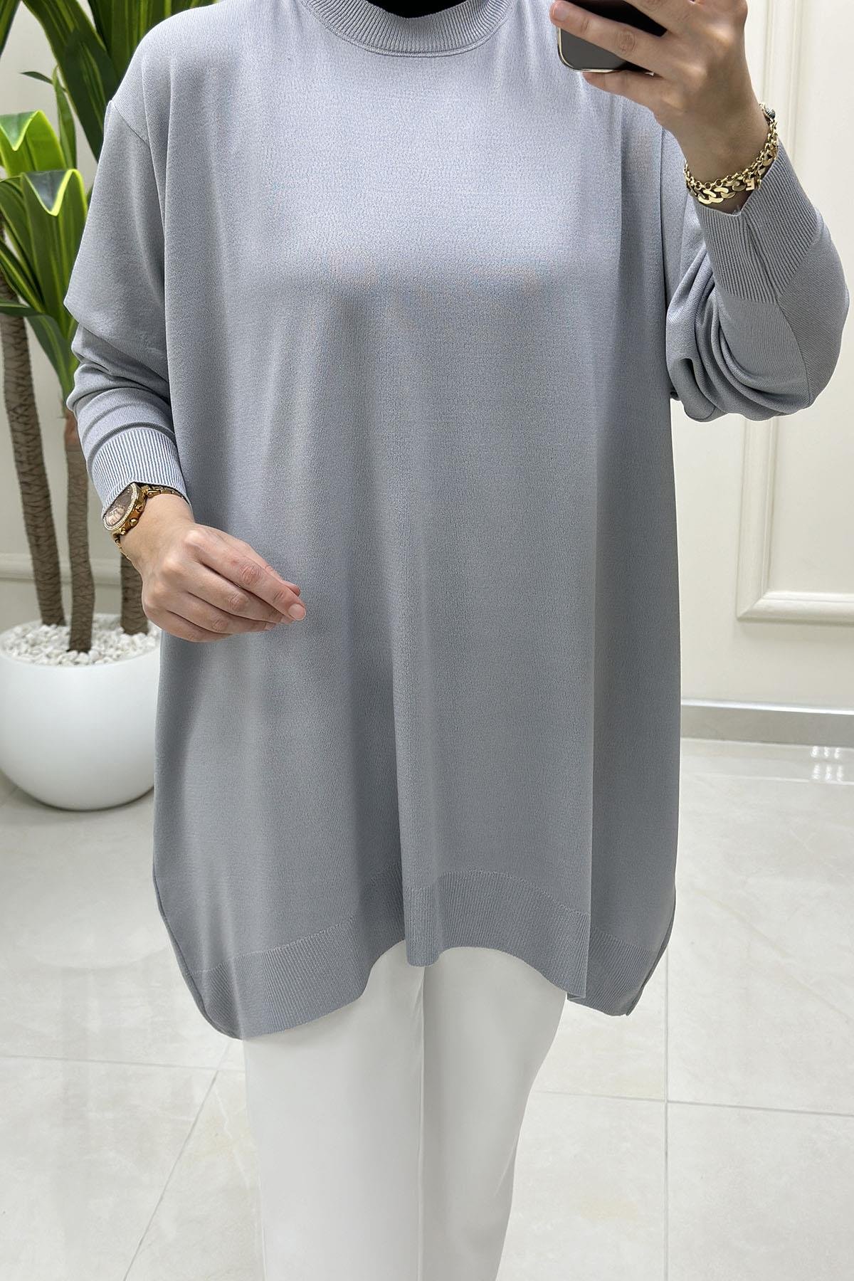 Tesettür Tunik GömlekDüşük Omuz Kadın Triko Tunik Gri KADO 2725511
