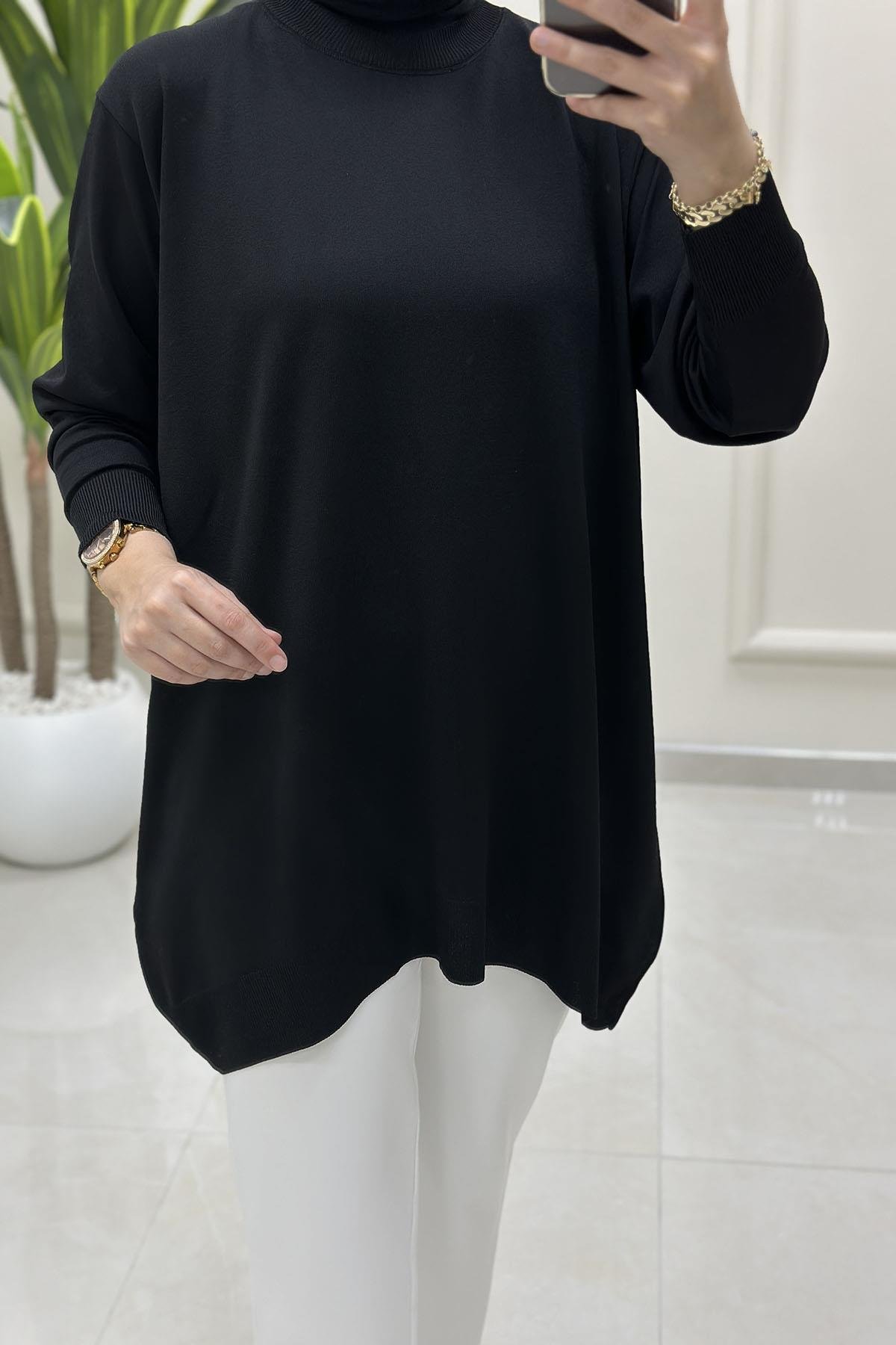 Tesettür Tunik GömlekDüşük Omuz Kadın Triko Tunik Siyah KADO 2725511