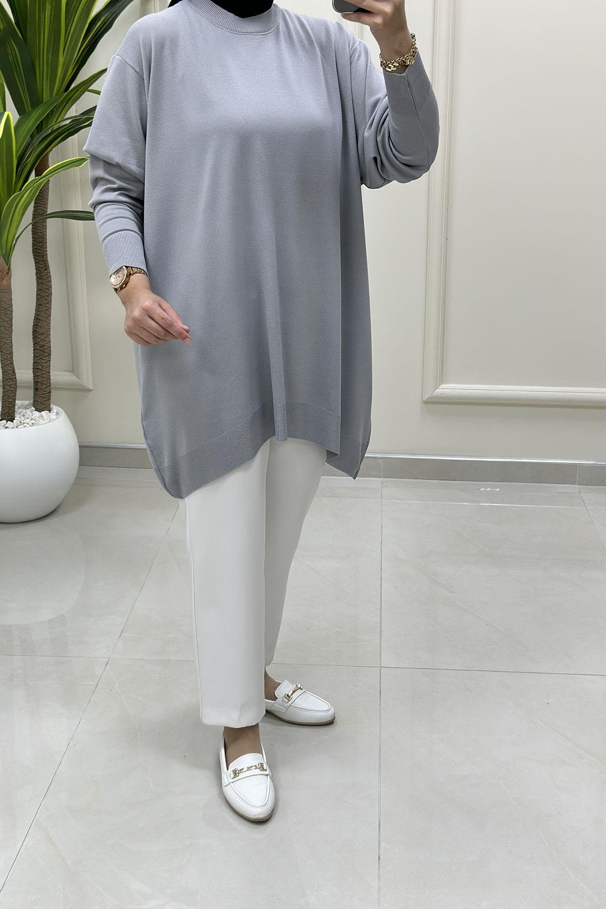 Tesettür Tunik GömlekDüşük Omuz Kadın Triko Tunik Gri KADO 2725511