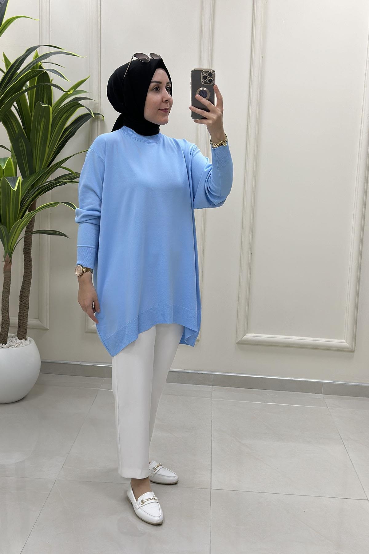 Tesettür Tunik GömlekDüşük Omuz Kadın Triko Tunik Bebe Mavisi KADO 2725511
