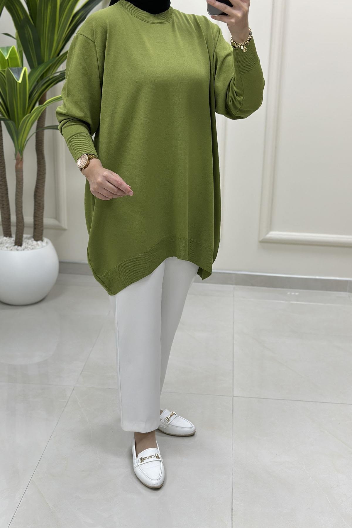Tesettür Tunik GömlekDüşük Omuz Kadın Triko Tunik Yeşil KADO 2725511