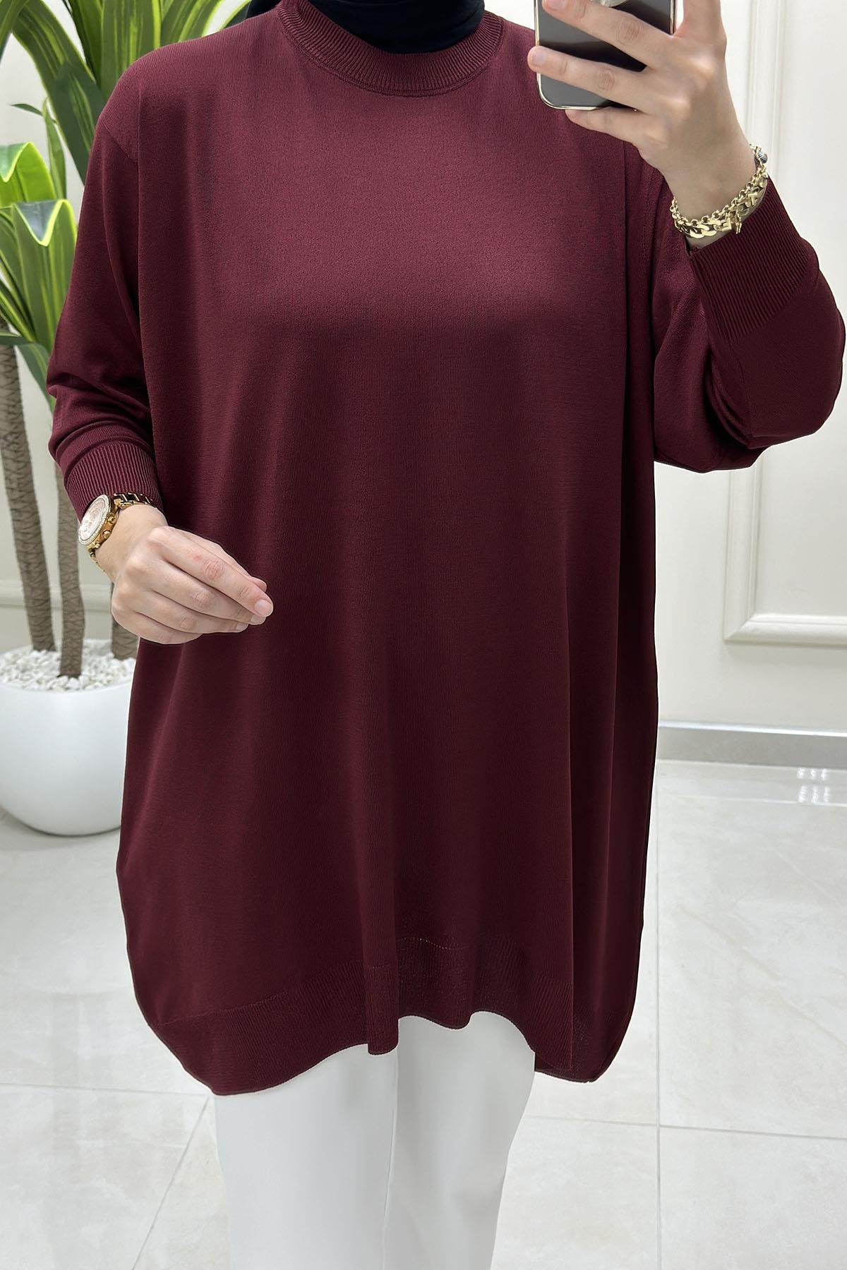 Tesettür Tunik GömlekDüşük Omuz Kadın Triko Tunik Bordo KADO 2725511