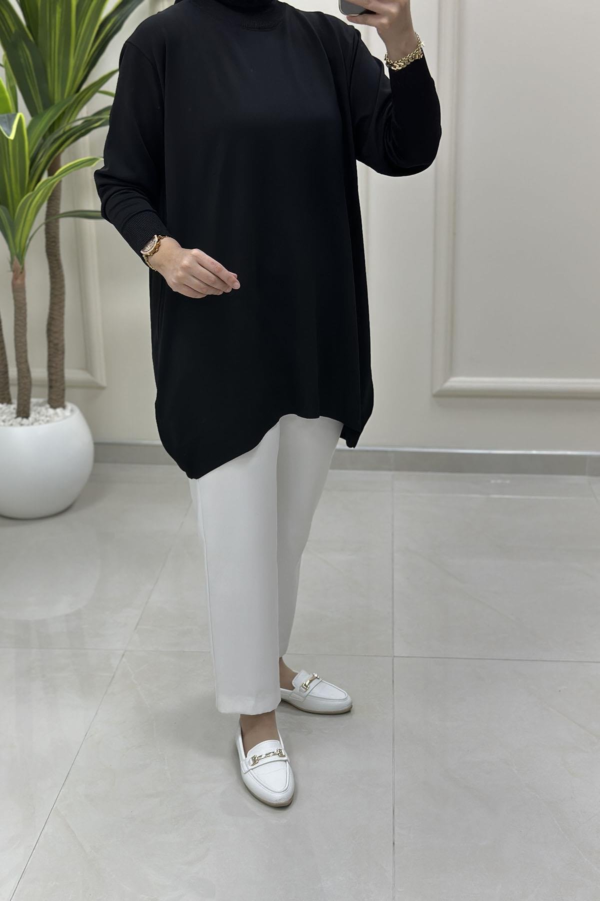 Tesettür Tunik GömlekDüşük Omuz Kadın Triko Tunik Siyah KADO 2725511