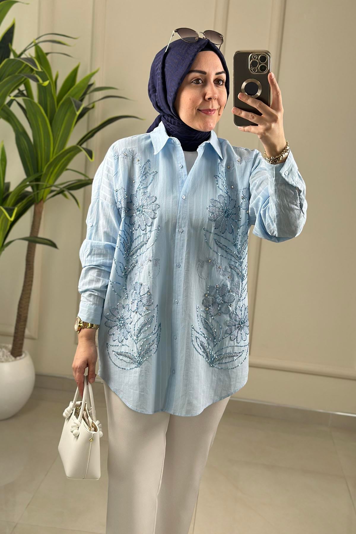 Tesettür Tunik GömlekDüşük Omuz Nakış ve Boncuk Detaylı Kadın Tunik Mavi SLN 5179