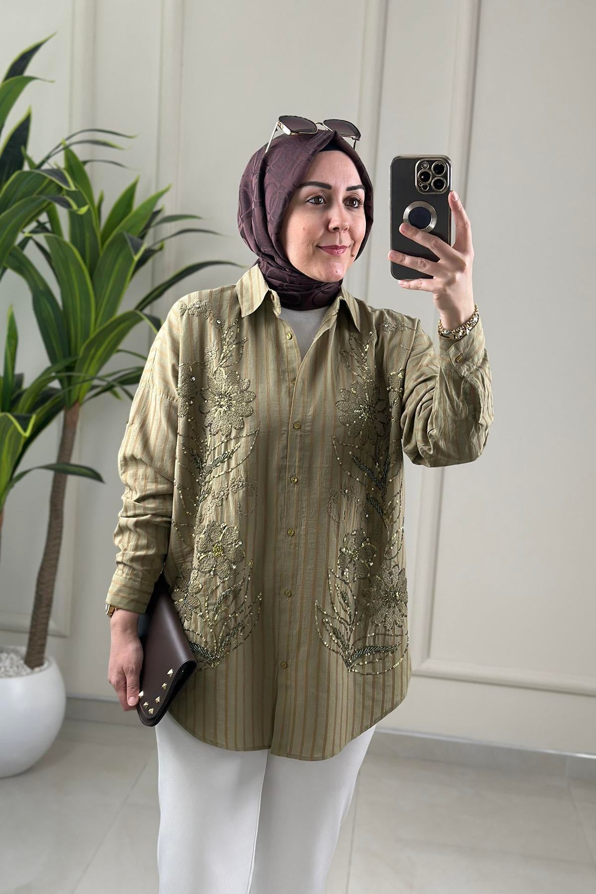 Tesettür Tunik GömlekDüşük Omuz Nakış ve Boncuk Detaylı Kadın Tunik Yeşil SLN 5179