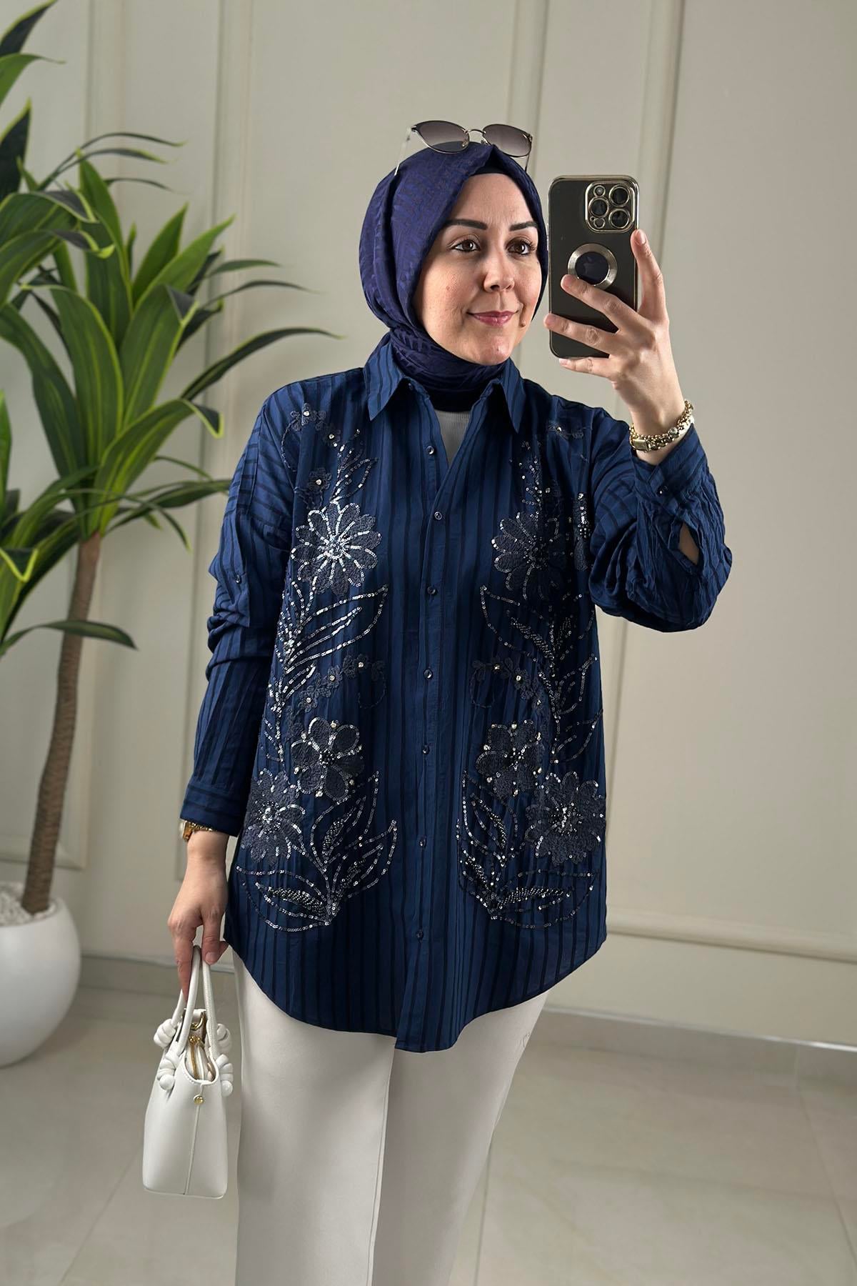 Tesettür Tunik GömlekDüşük Omuz Nakış ve Boncuk Detaylı Kadın Tunik Lacivert SLN 5179