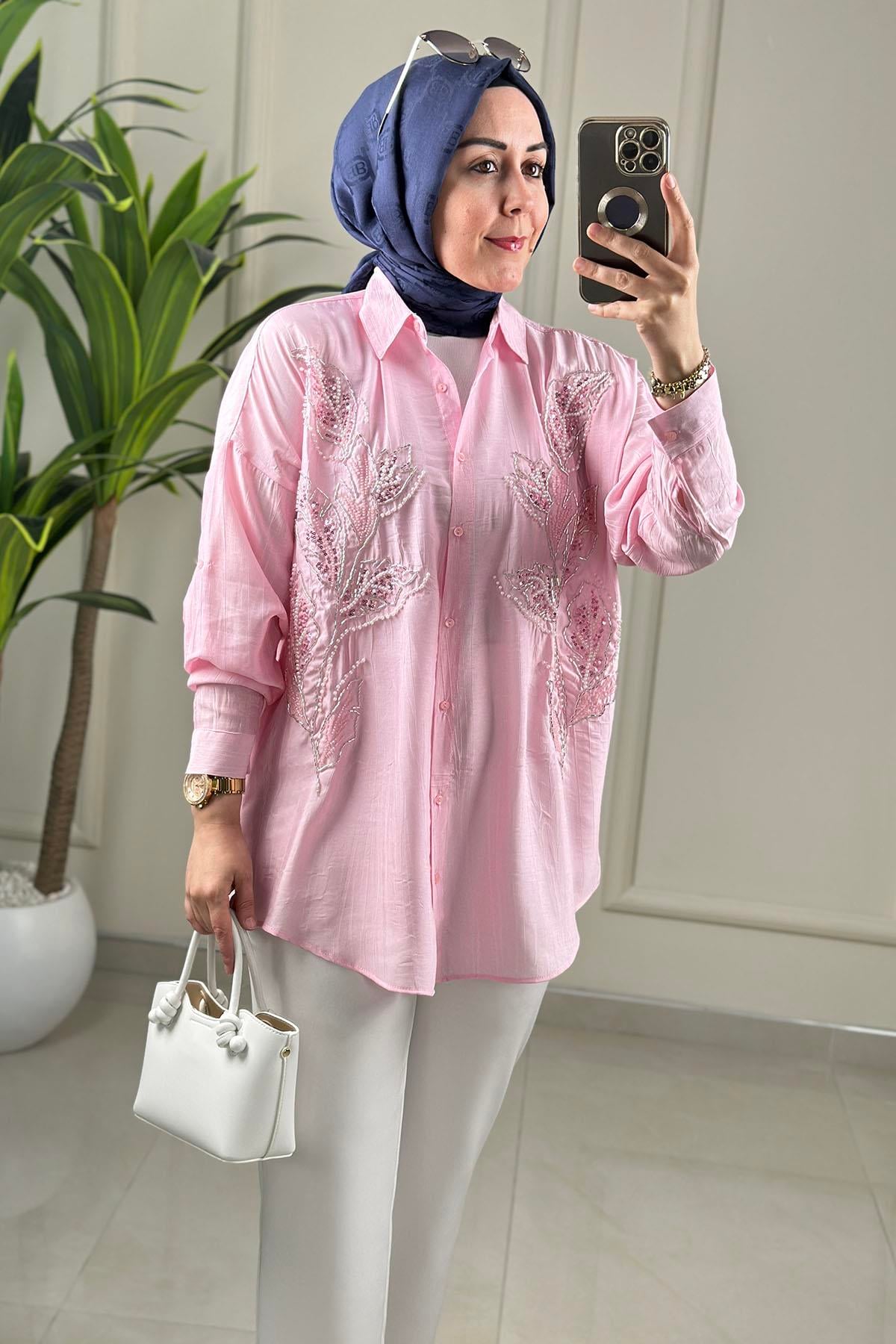 Tesettür Tunik GömlekDüşük Omuz Önü Düğmeli Boncuk İşlemeli Kadın Tunik Pembe SLN 5191