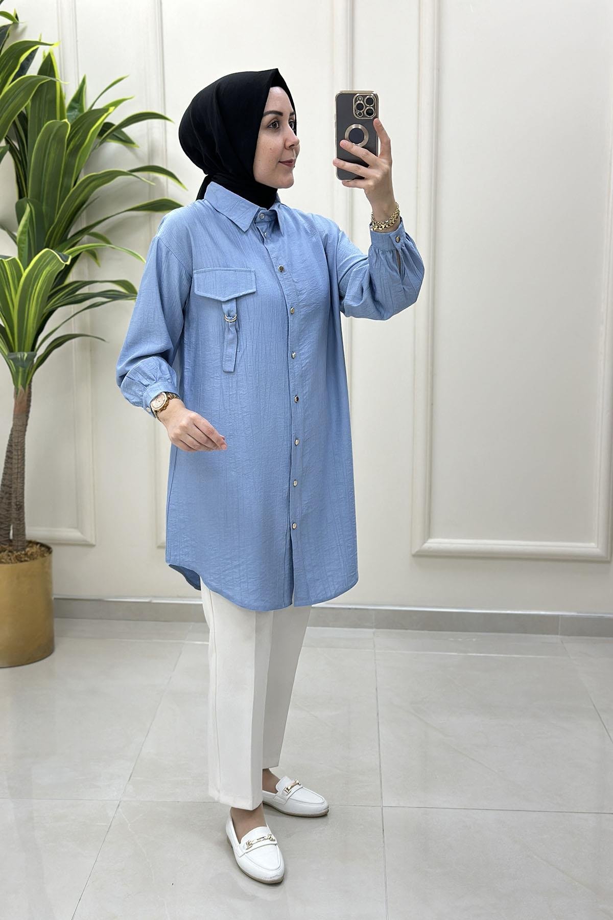 Tesettür Tunik GömlekDüşük Omuz Önü Düğmeli Kadın Tunik Bebe Mavisi ALS 5120