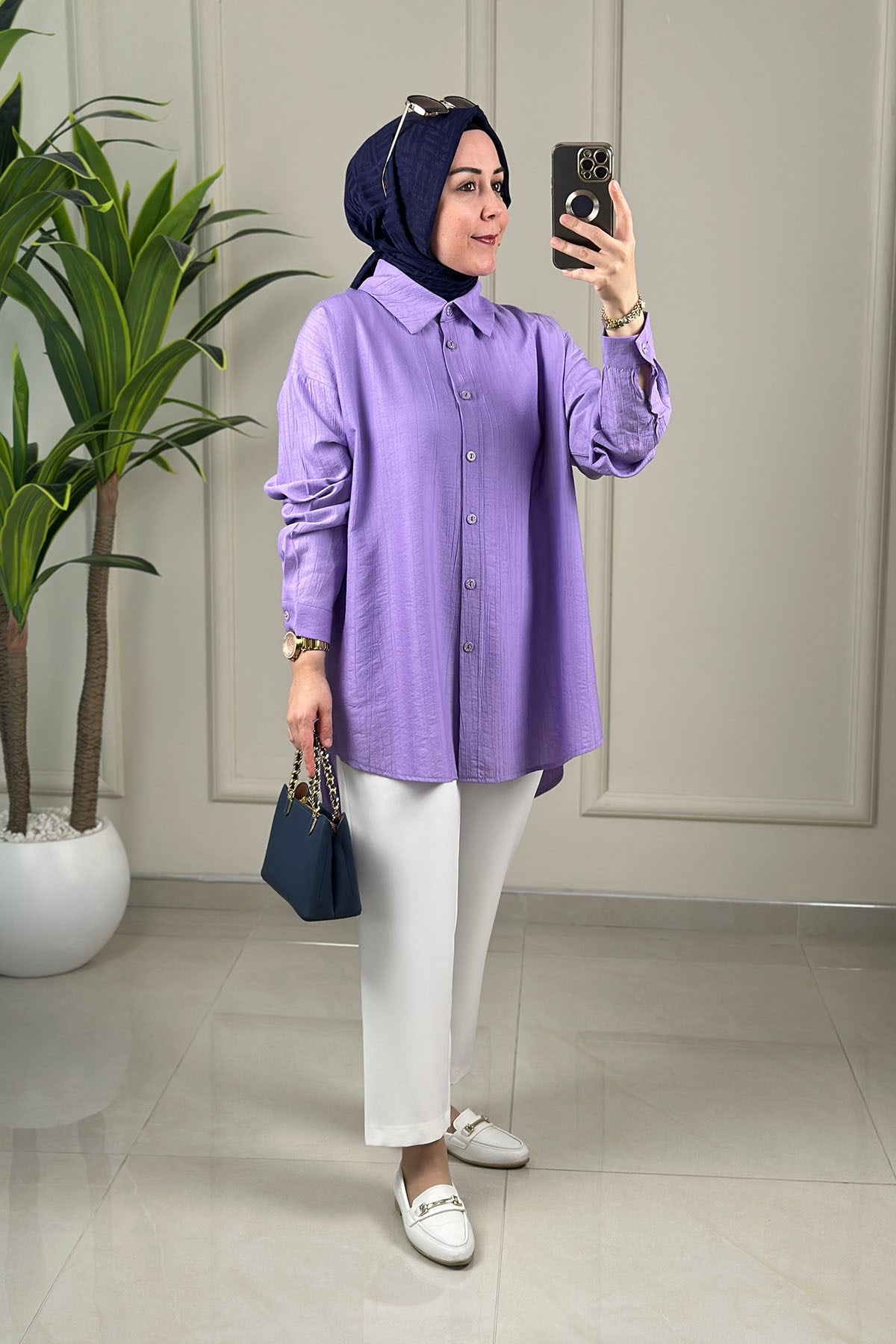 Tesettür Tunik GömlekDüşük Omuz Önü Düğmeli Oversize Kadın Tunik Lila KADO 262244