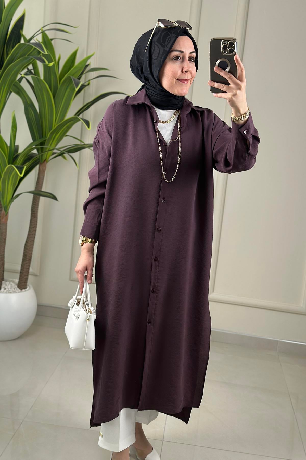 Tesettür Tunik GömlekDüşük Omuz Önü Düğmeli Yanı Yırtmaçlı Kadın Tunik Mürdüm BLMR 2760