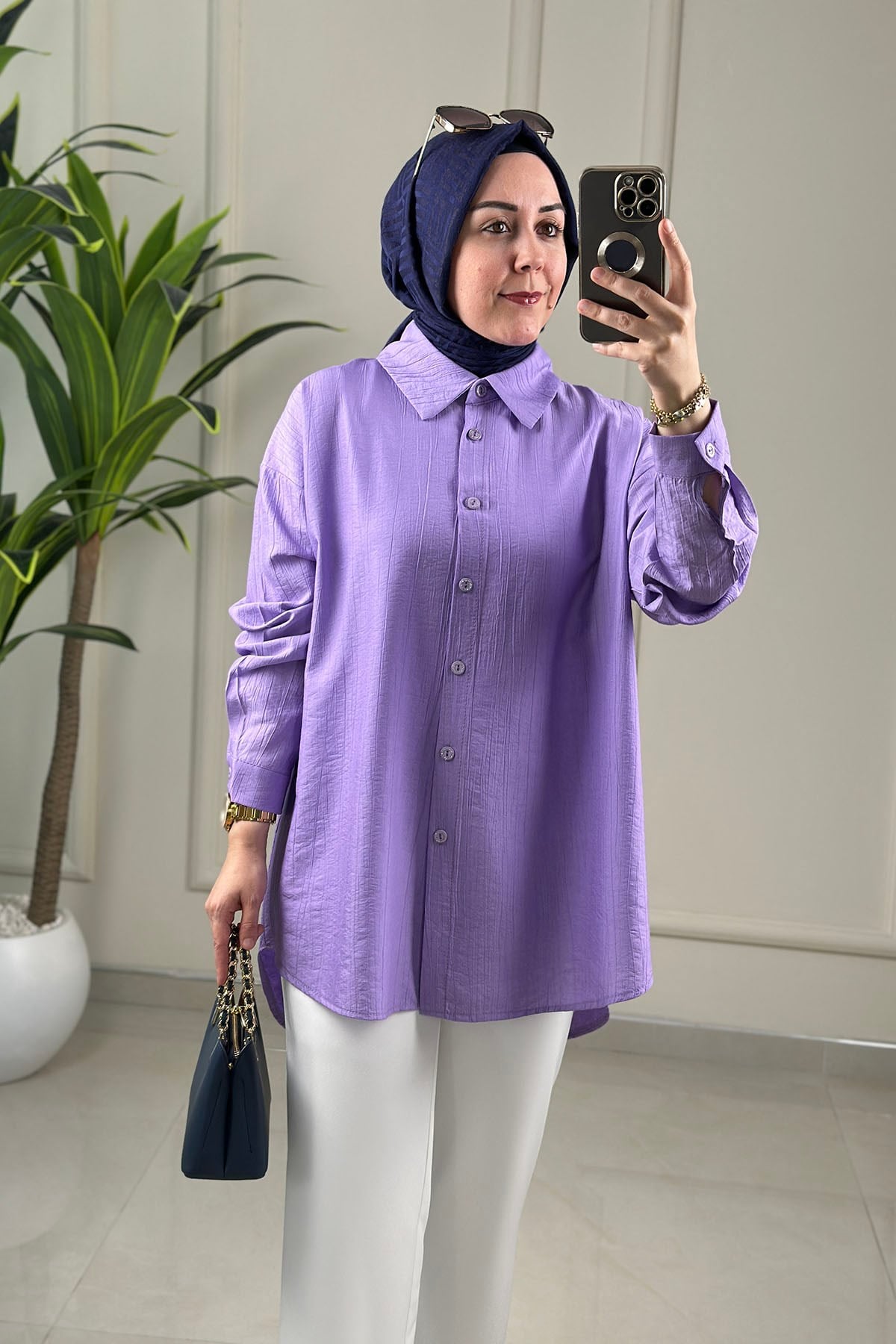Tesettür Tunik GömlekDüşük Omuz Önü Düğmeli Oversize Kadın Tunik Lila KADO 262244