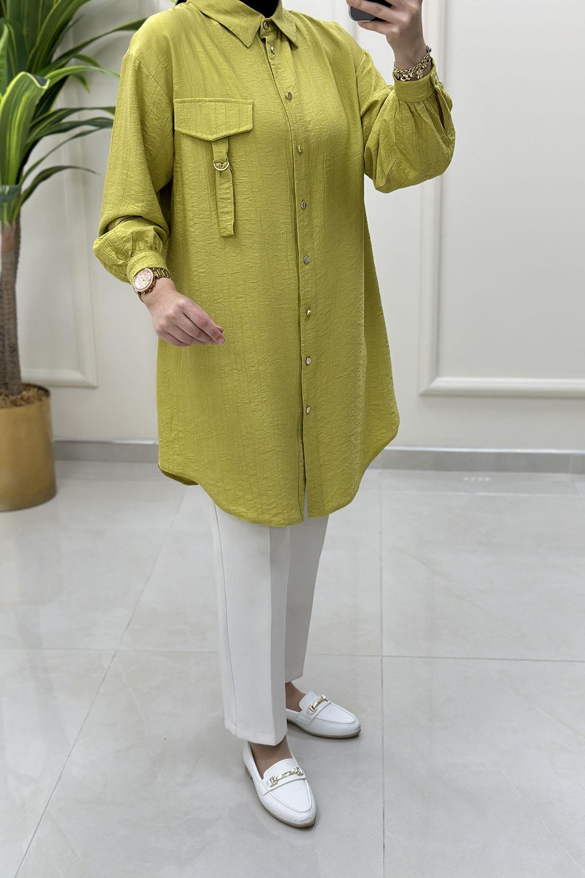 Tesettür Tunik GömlekDüşük Omuz Önü Düğmeli Kadın Tunik Asit Yeşili ALS 5120