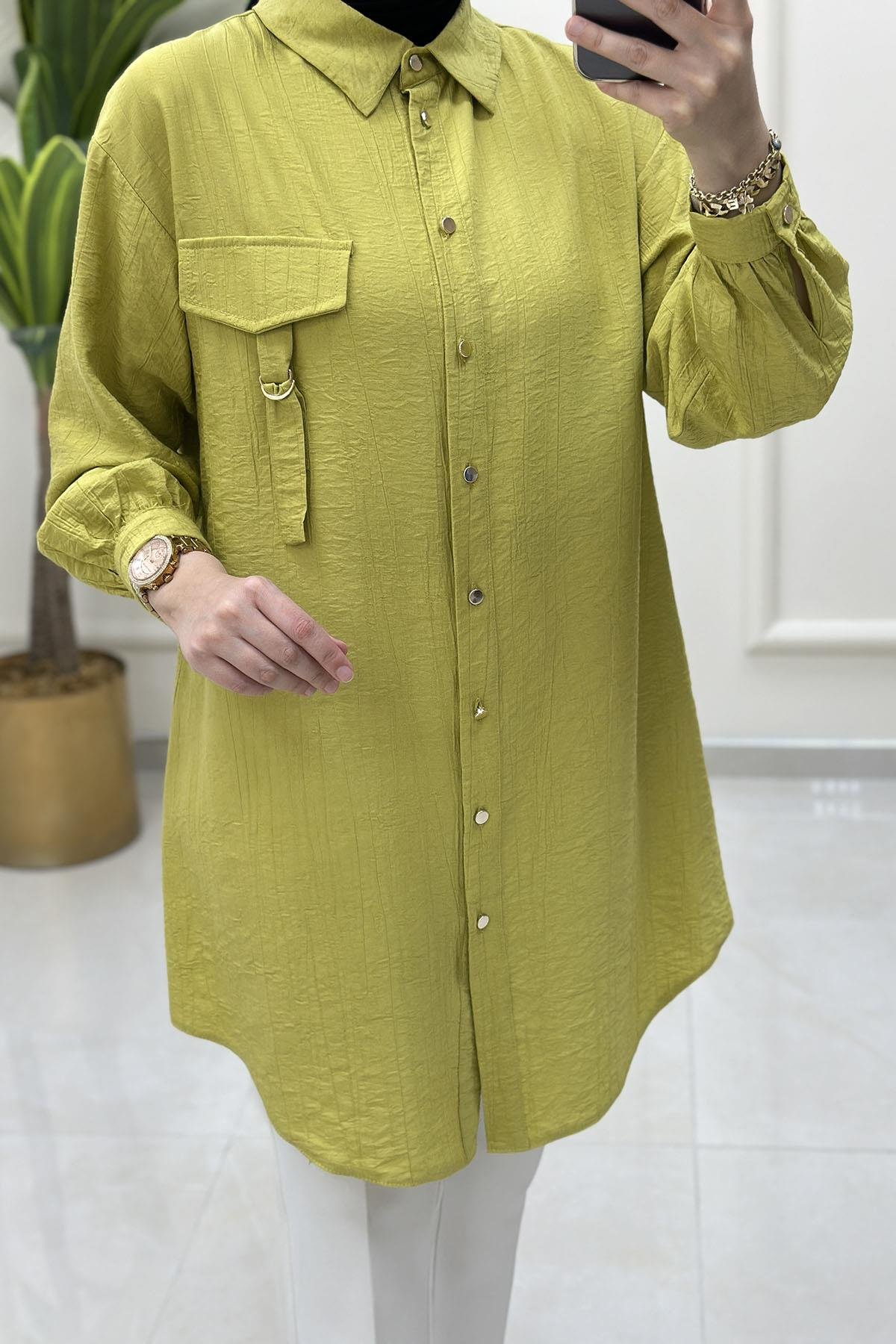 Tesettür Tunik GömlekDüşük Omuz Önü Düğmeli Kadın Tunik Asit Yeşili ALS 5120