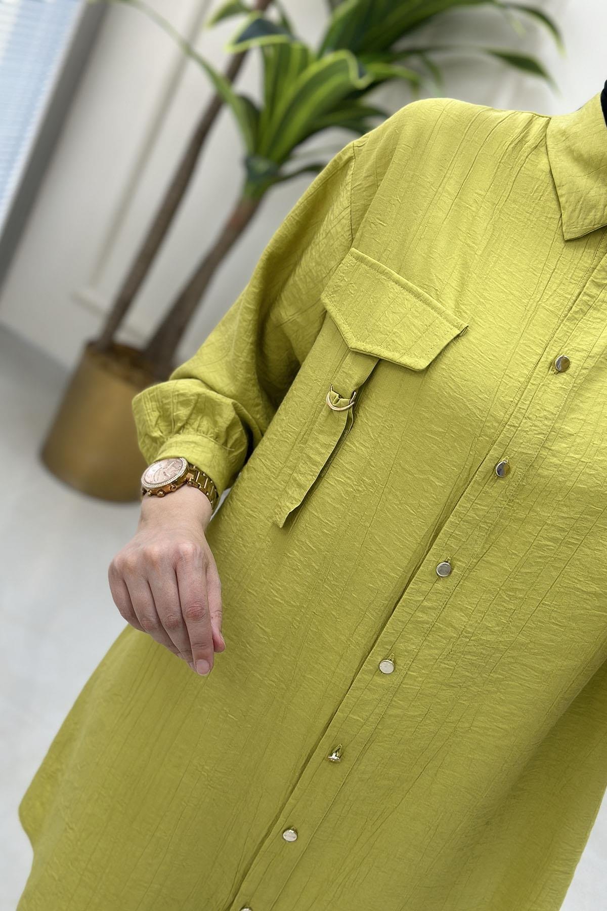 Tesettür Tunik GömlekDüşük Omuz Önü Düğmeli Kadın Tunik Asit Yeşili ALS 5120