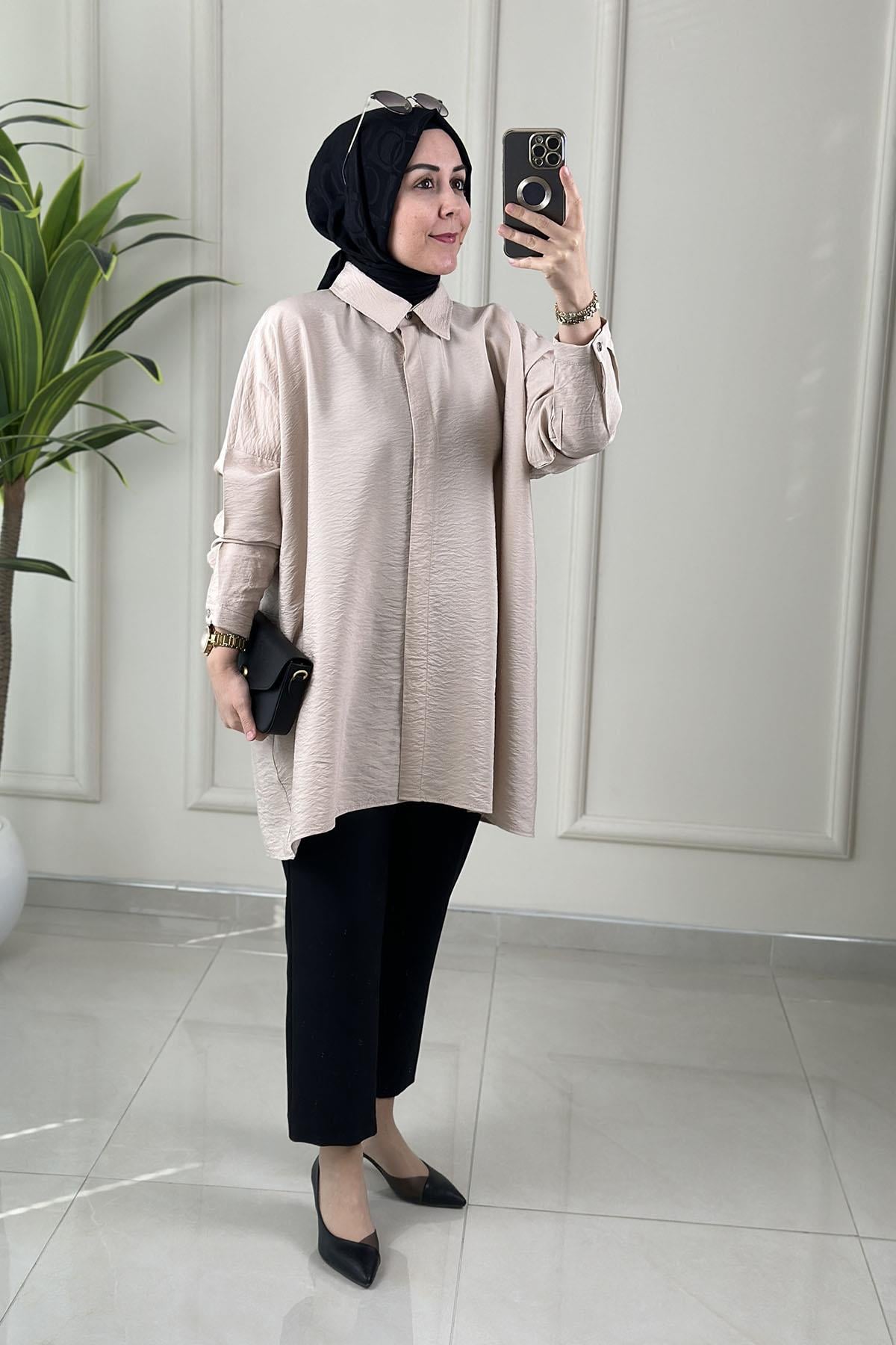 Tesettür Tunik GömlekDüşük Omuz Önü Gizli Düğmeli Oversize Kadın Tunik Taş KADO 251126
