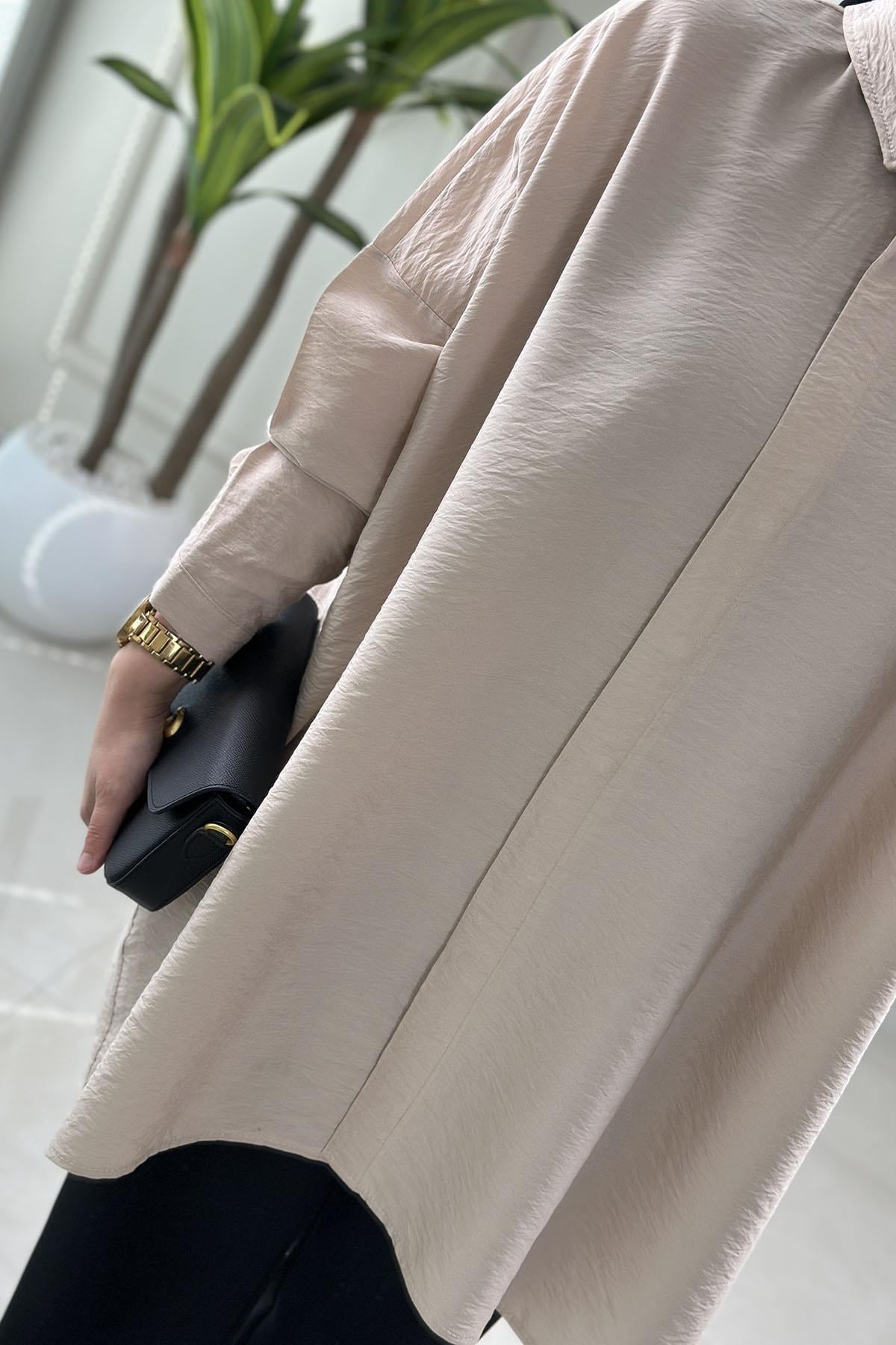 Tesettür Tunik GömlekDüşük Omuz Önü Gizli Düğmeli Oversize Kadın Tunik Taş KADO 251126