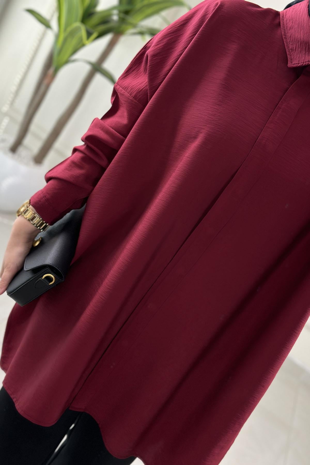 Tesettür Tunik GömlekDüşük Omuz Önü Gizli Düğmeli Oversize Kadın Tunik Bordo KADO 251126
