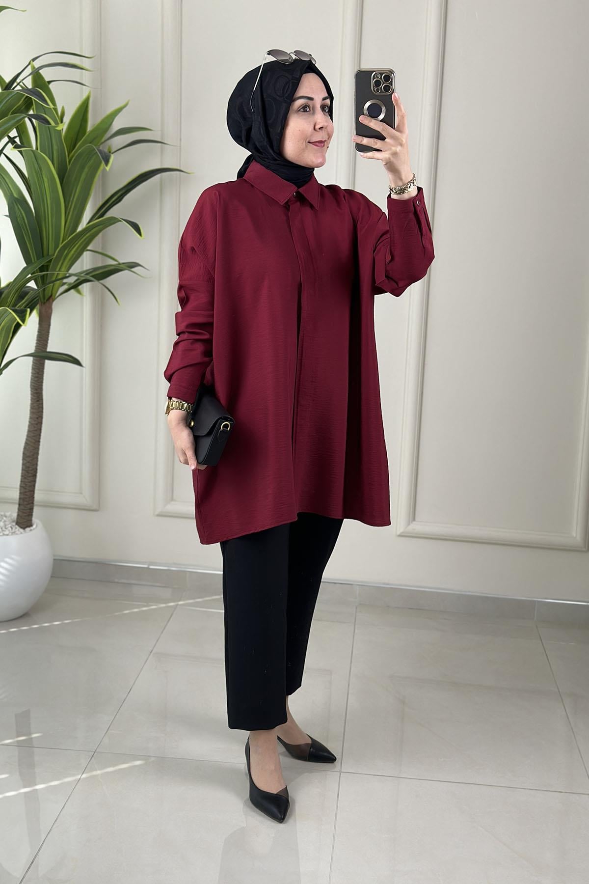 Tesettür Tunik GömlekDüşük Omuz Önü Gizli Düğmeli Oversize Kadın Tunik Bordo KADO 251126
