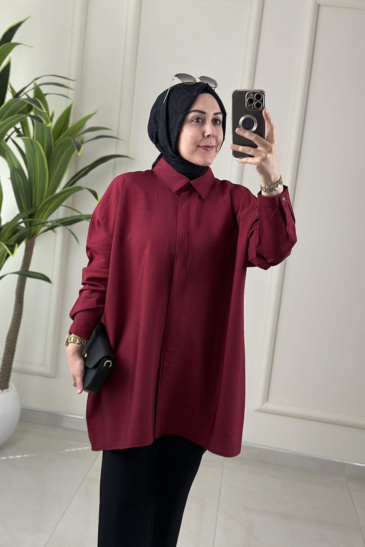Tesettür Tunik GömlekDüşük Omuz Önü Gizli Düğmeli Oversize Kadın Tunik Bordo KADO 251126
