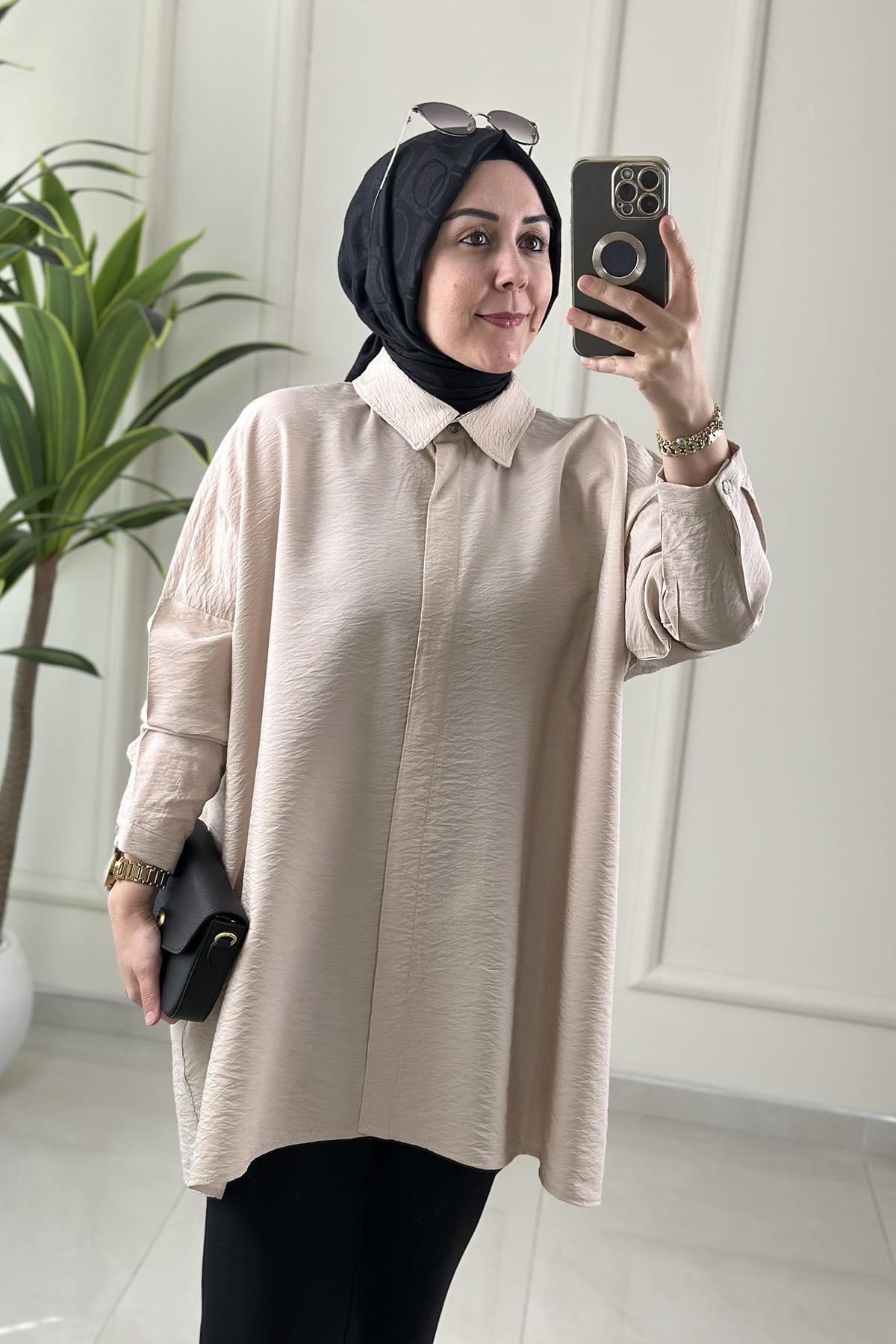 Tesettür Tunik GömlekDüşük Omuz Önü Gizli Düğmeli Oversize Kadın Tunik Taş KADO 251126
