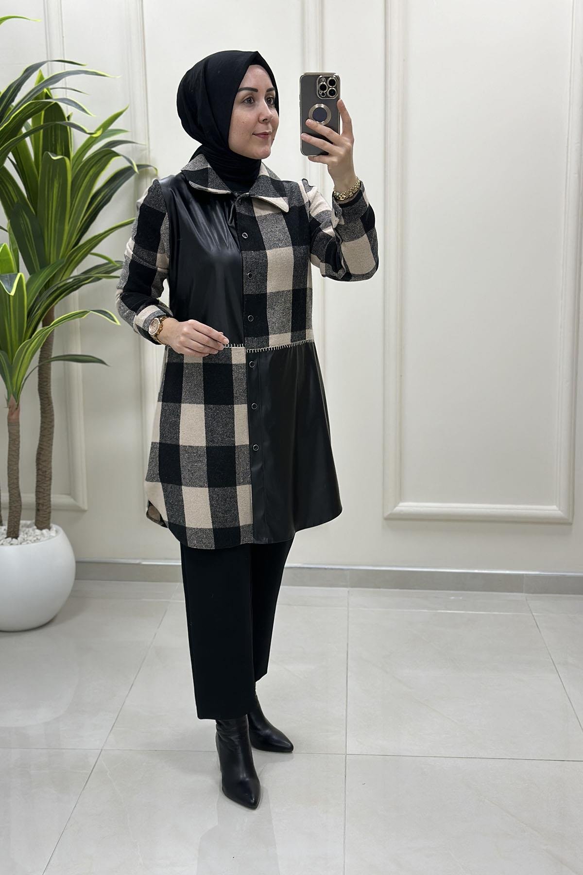 Tesettür Tunik GömlekEkose Deri Garnili Önü Düğmeli Kadın Tunik Siyah QTN 4958