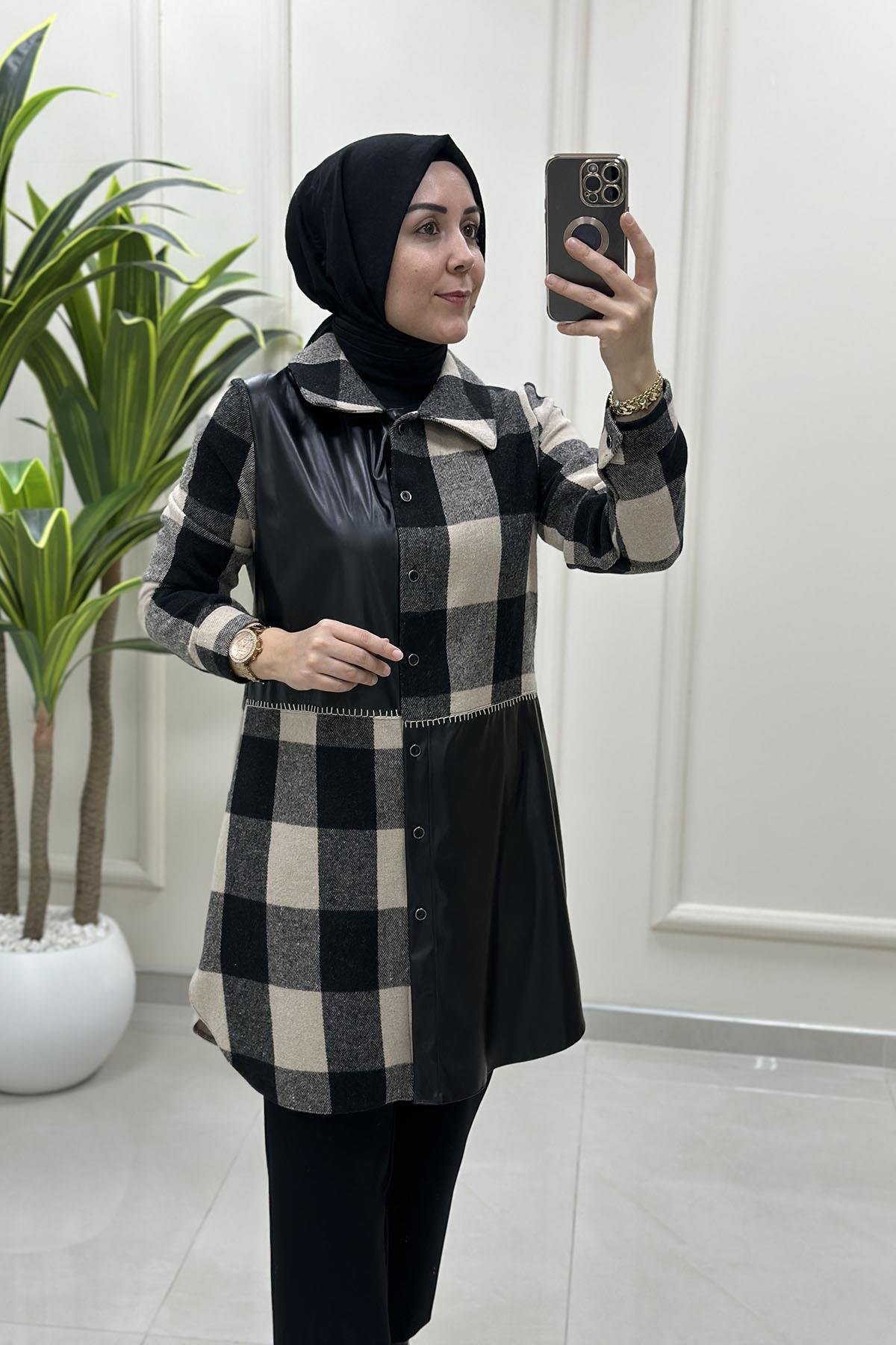 Tesettür Tunik GömlekEkose Deri Garnili Önü Düğmeli Kadın Tunik Siyah QTN 4958